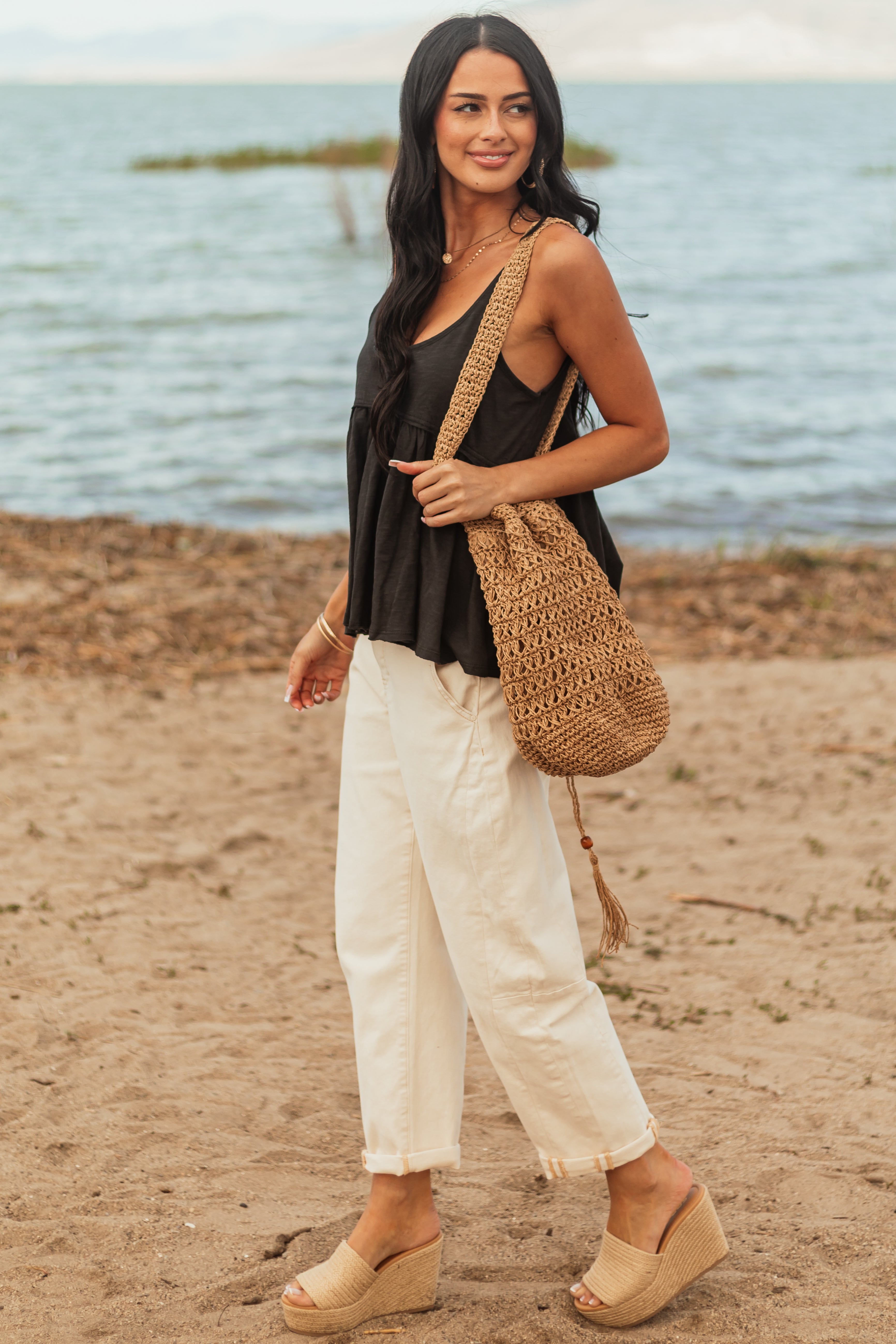 Risen Ivory High Rise Cuffed Stretchy Barrel Jeans Risen Ivory High Rise Cuffed Stretchy Barrel Jeans