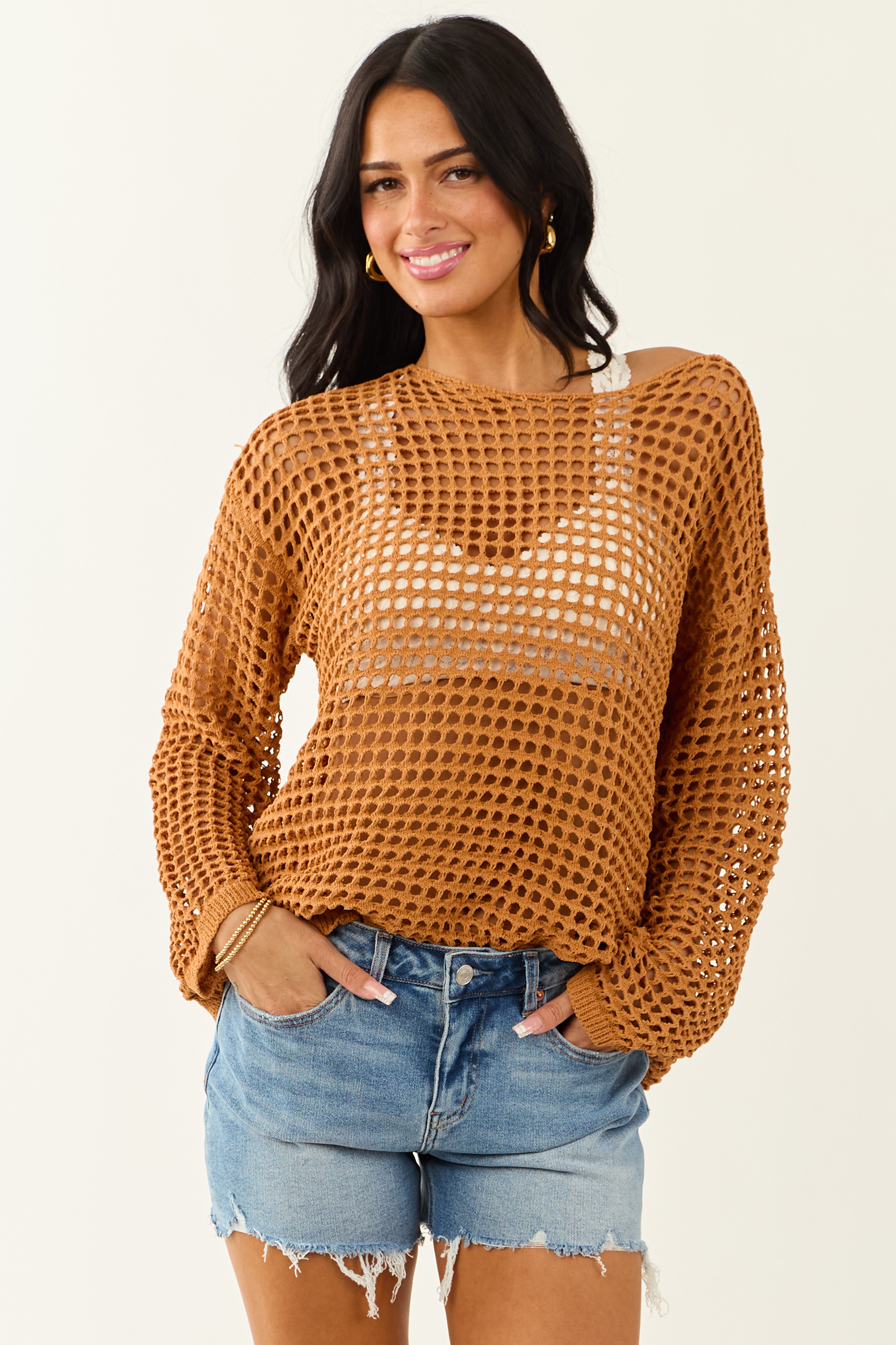 Caramel Open Crochet Round Neck Long Sleeve Top Caramel Open Crochet Round Neck Long Sleeve Top