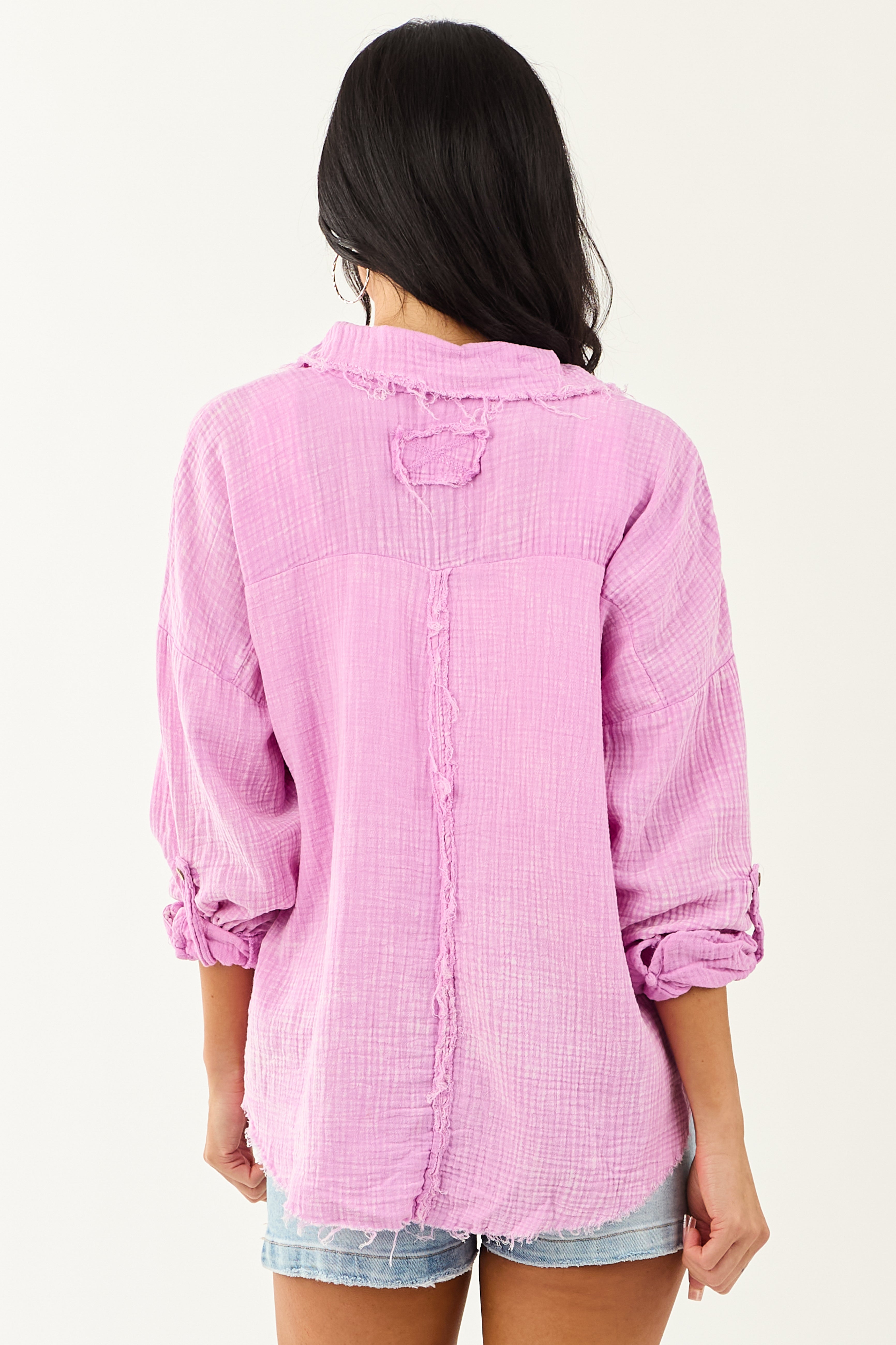 Orchid Washed Double Gauze Cotton Button Down Top