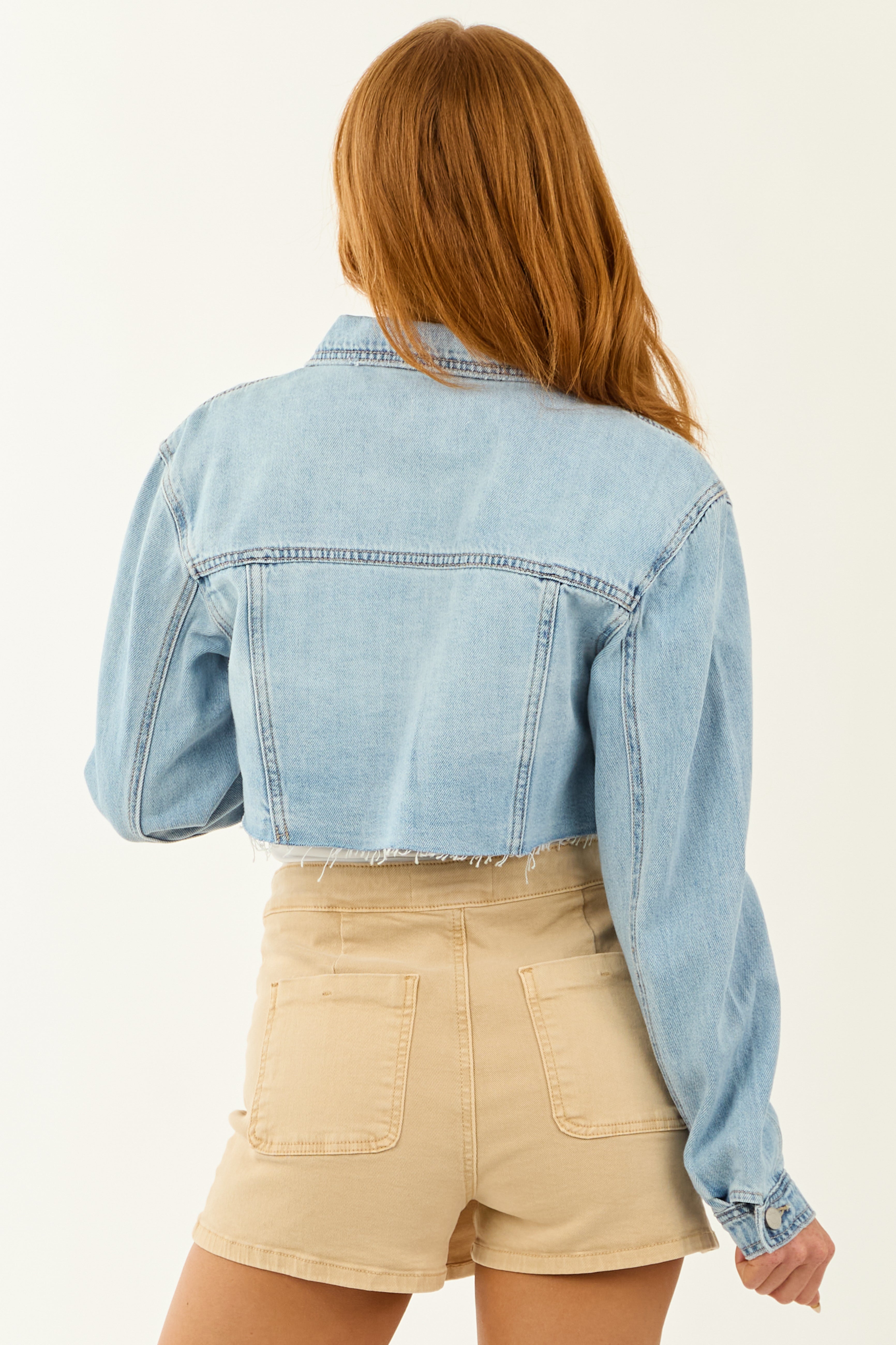 Cello Light Wash Cropped Raw Hem Denim Jacket