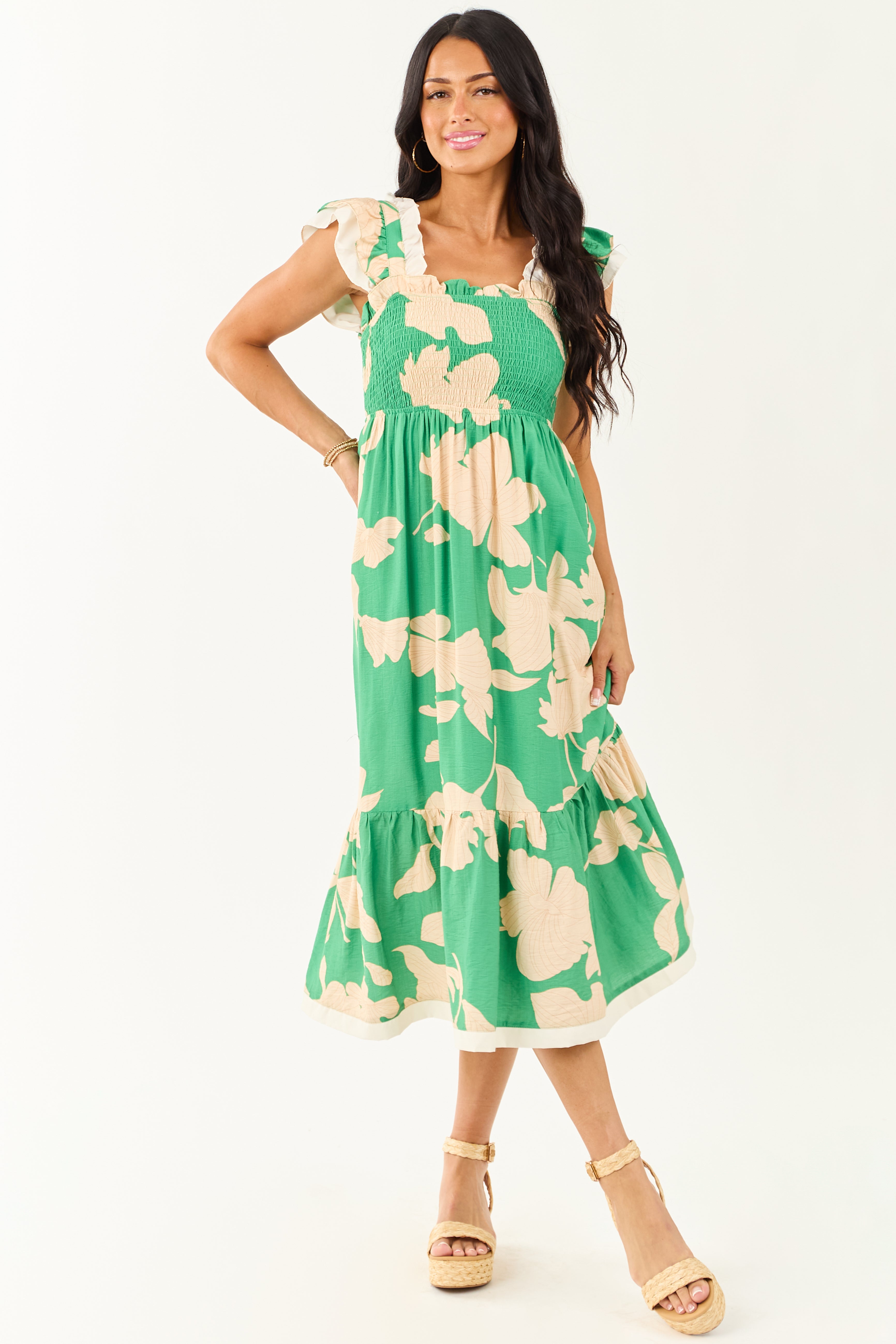 Kelly Green and Cream Floral Print Smocked Midi Dress Kelly Green and Cream Floral Print Smocked Midi Dress