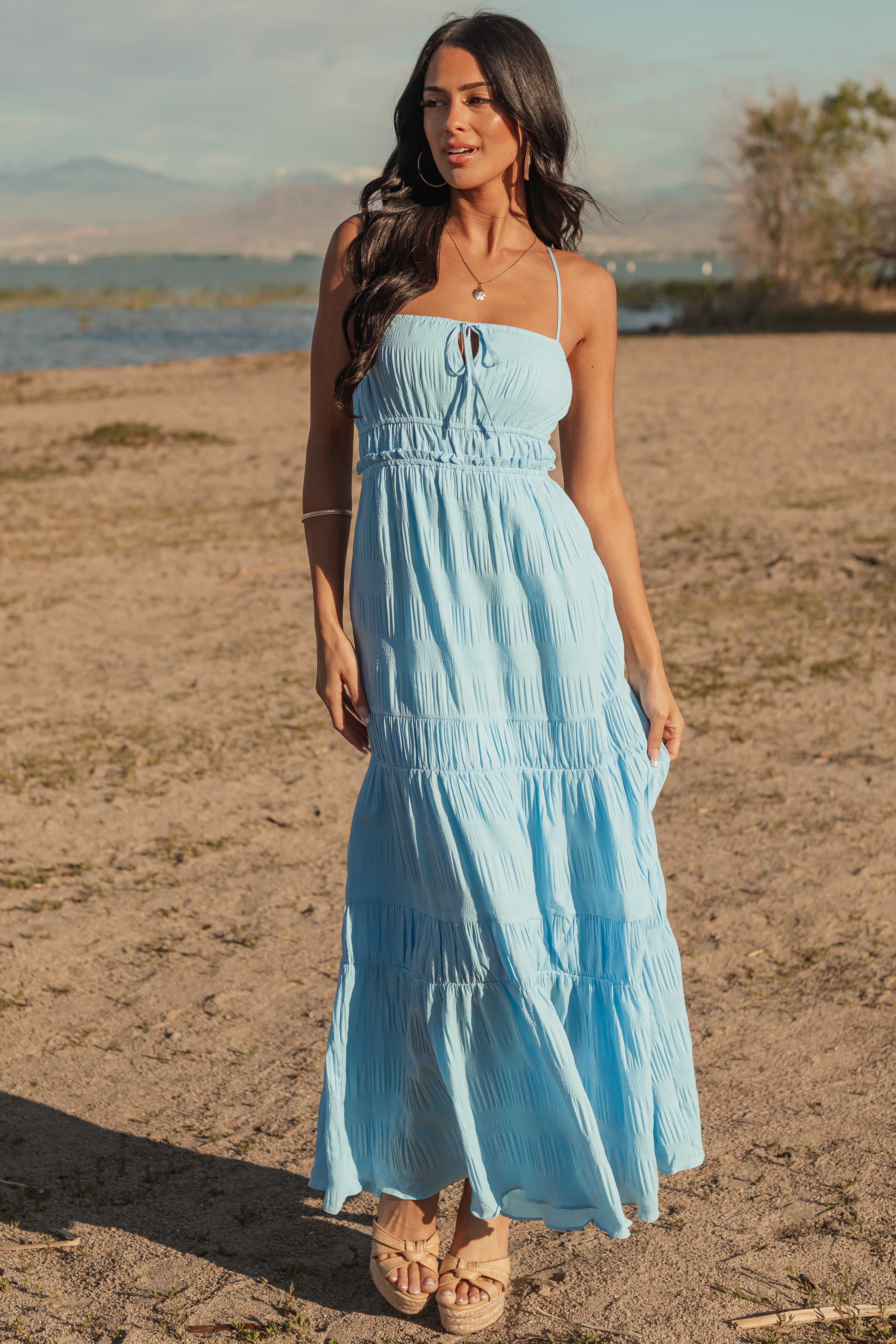 Sky Blue Ruched Tiered Sleeveless Maxi Dress Sky Blue Ruched Tiered Sleeveless Maxi Dress