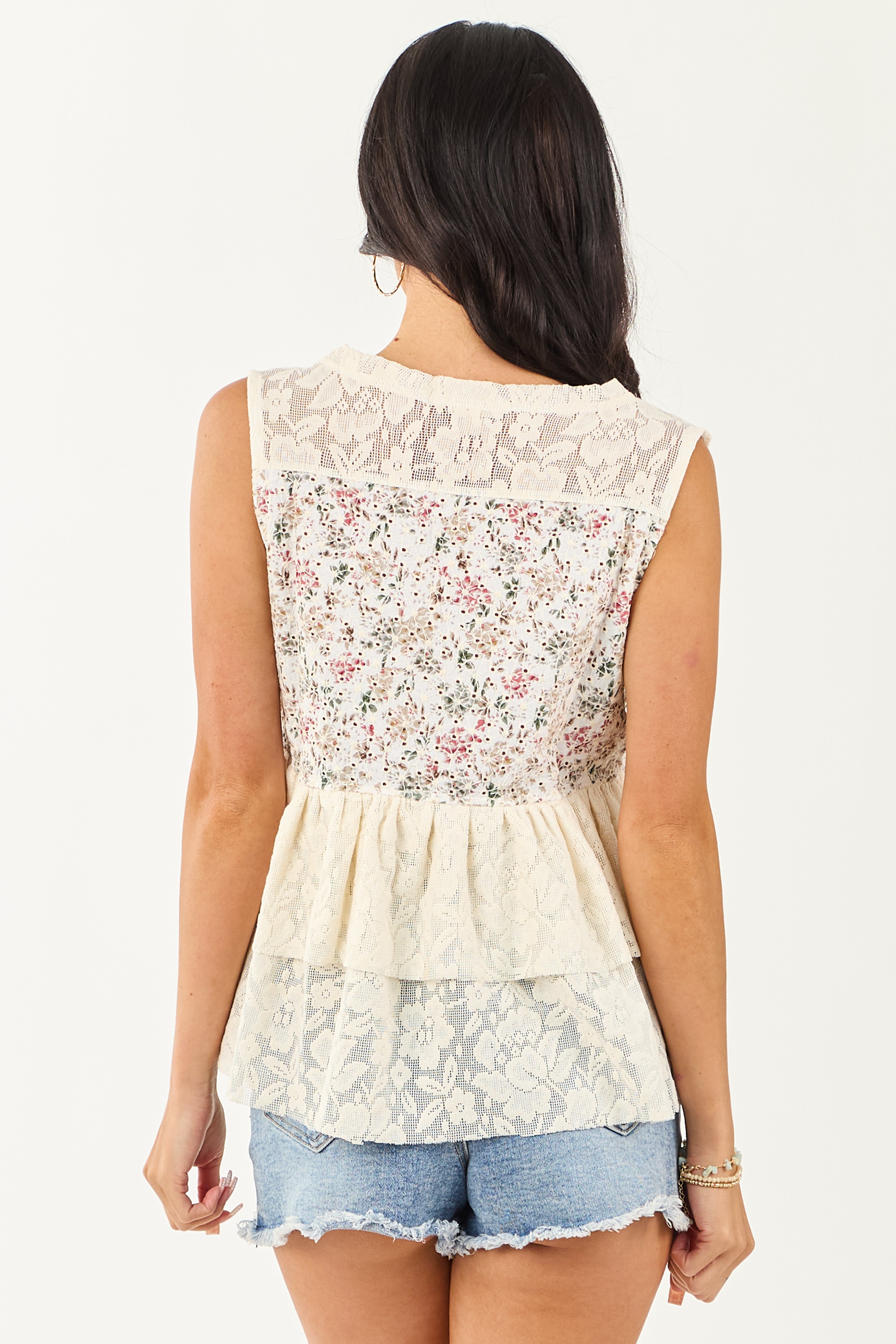 POL Cream Floral Print Lace Contrast Ruffle Tank POL Cream Floral Print Lace Contrast Ruffle Tank