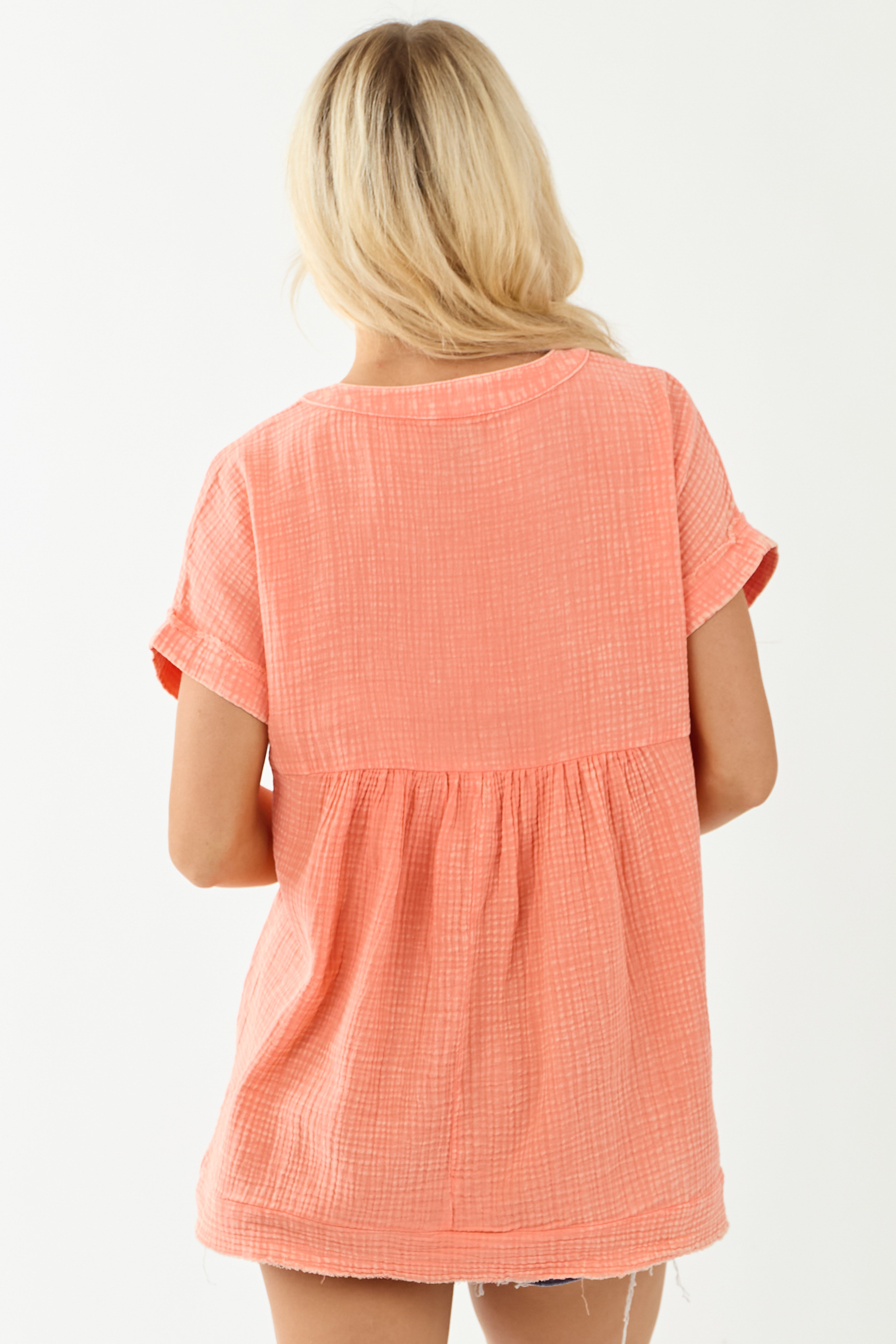 Peach Washed Double Gauze Cotton Short Sleeve Top Peach Washed Double Gauze Cotton Short Sleeve Top