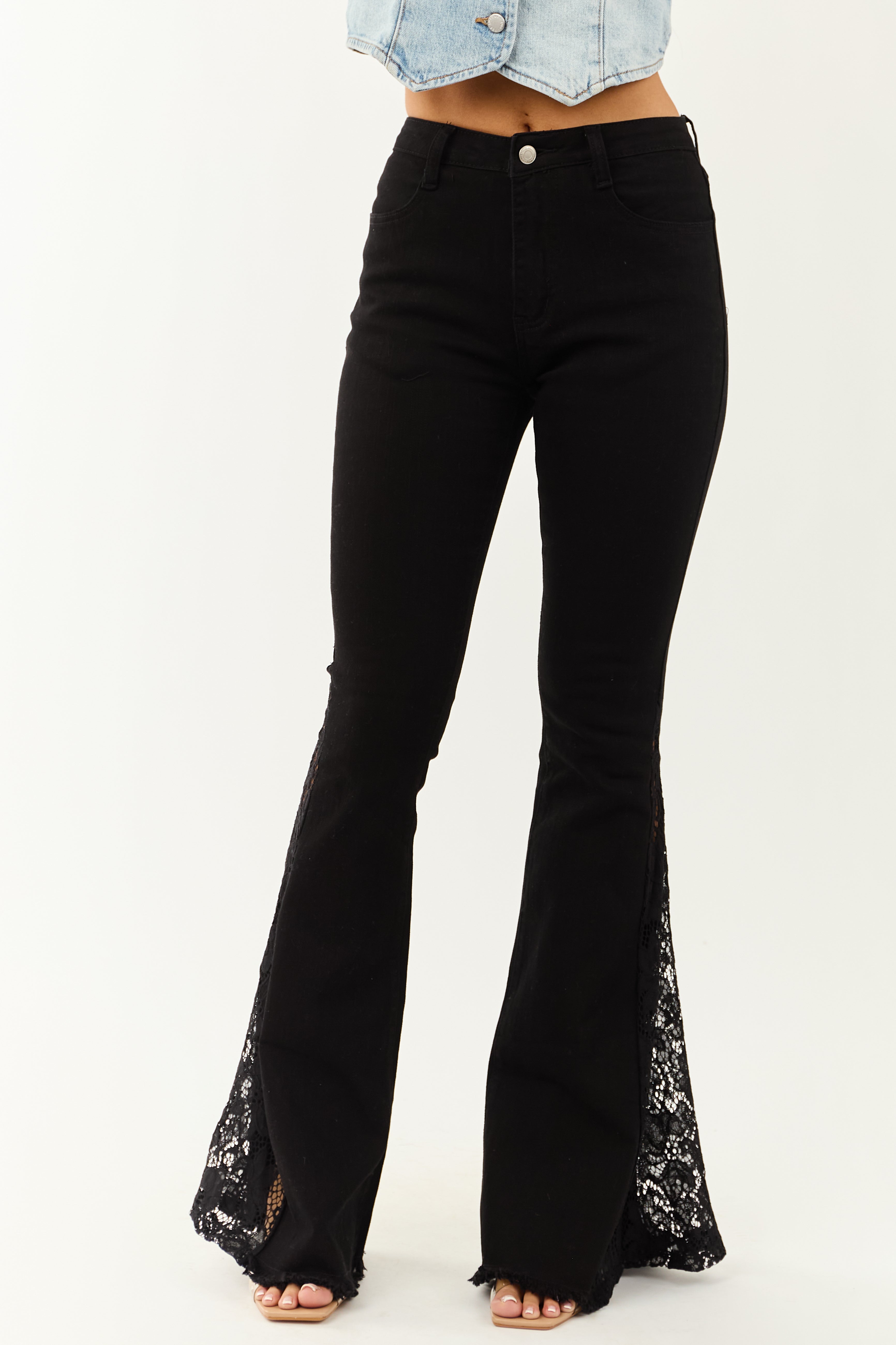 Black Lace Contrast Stretchy Flare Leg Jeans Black Lace Contrast Stretchy Flare Leg Jeans