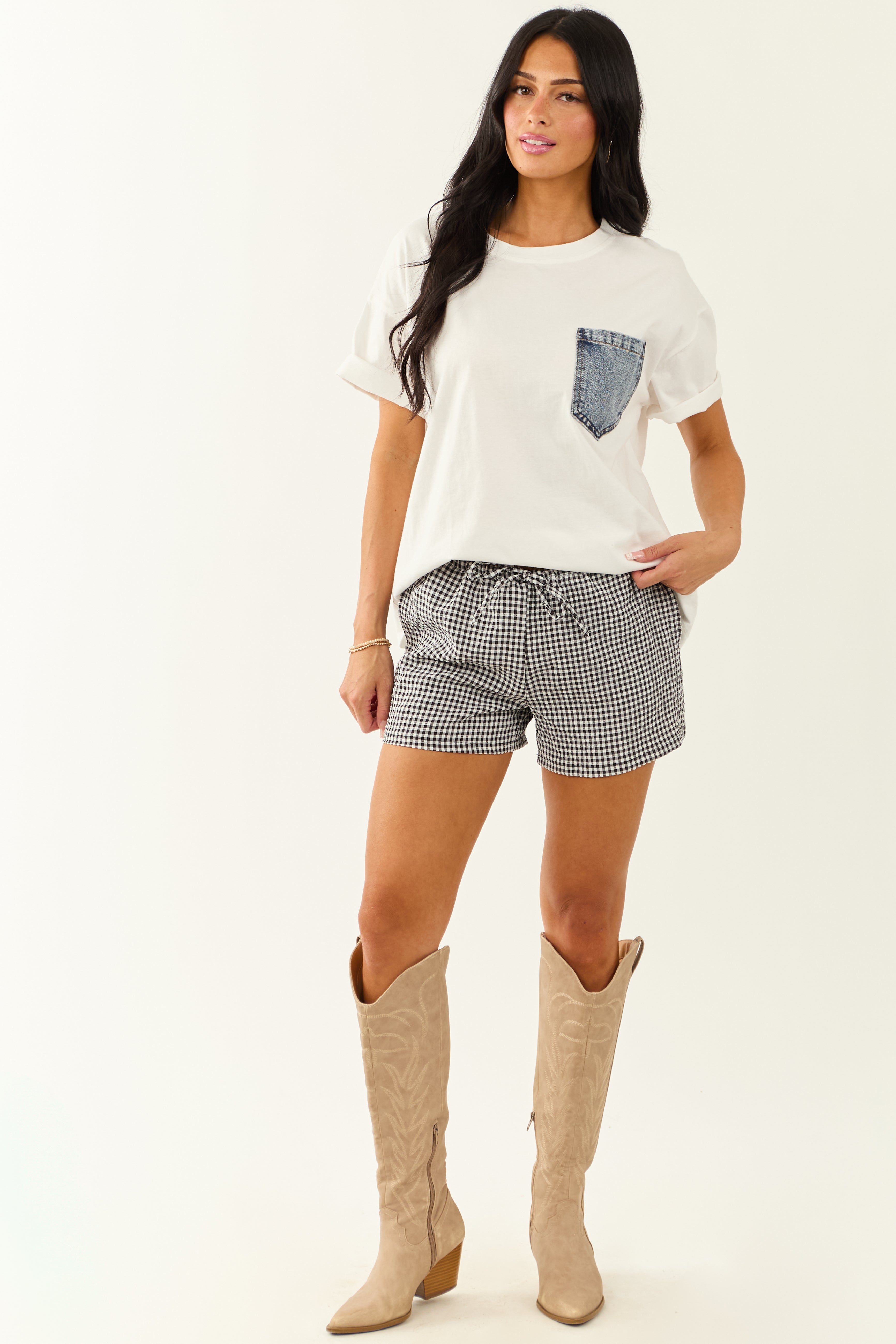 Off White Cotton Tee with Contrast Denim Pocket Off White Cotton Tee with Contrast Denim Pocket