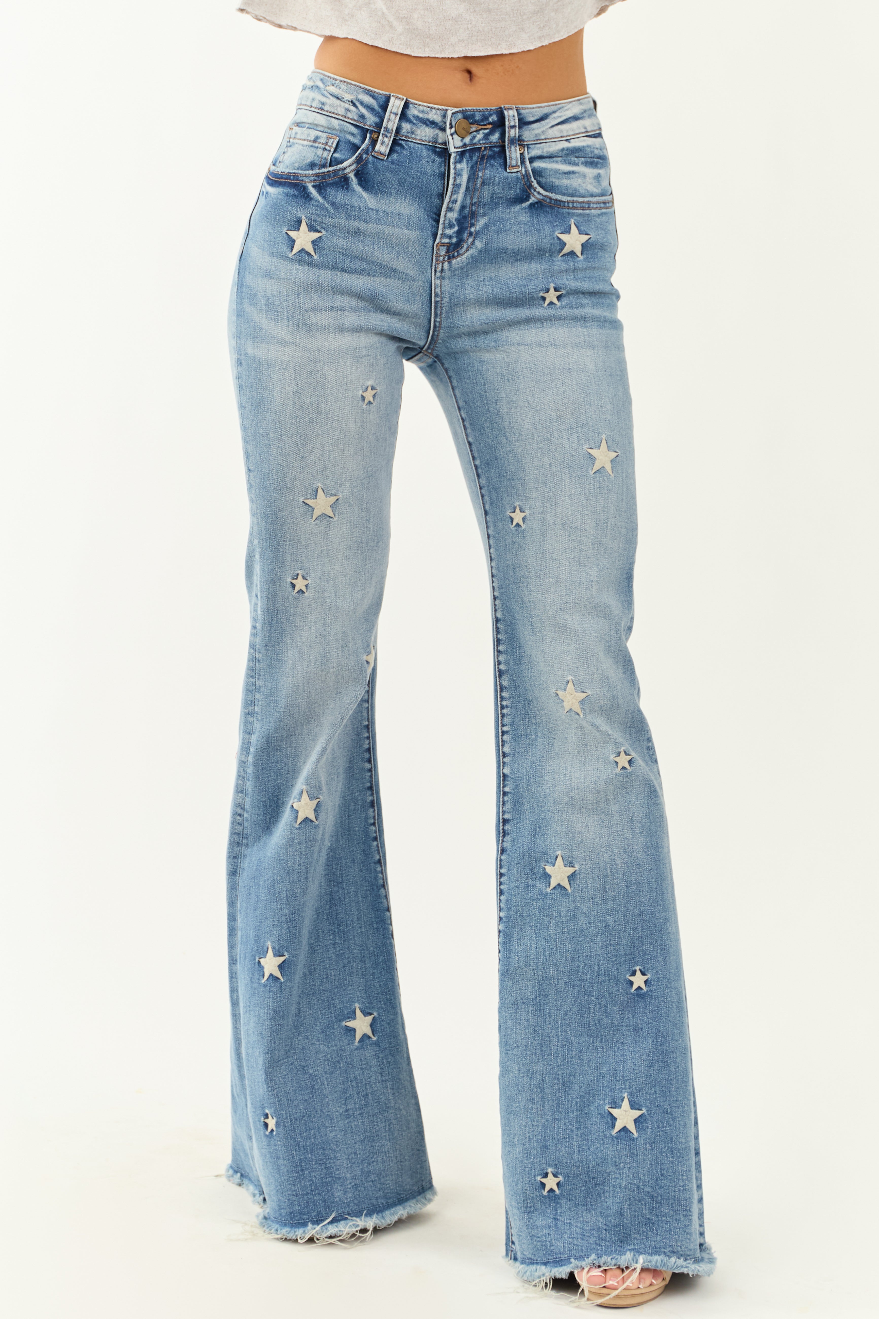 Mica Denim Medium Wash Stretchy Star Flare Jeans Mica Denim Medium Wash Stretchy Star Flare Jeans