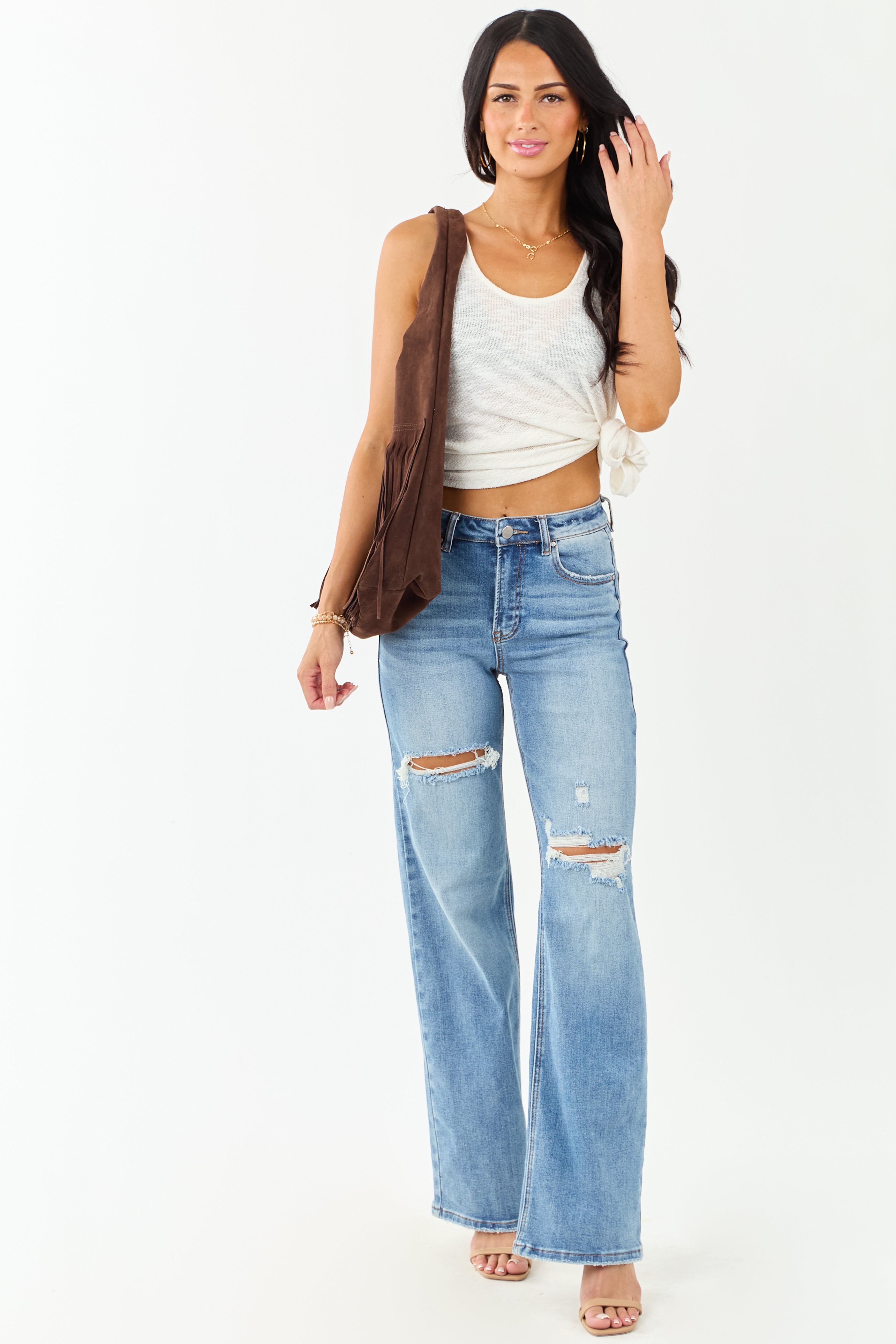 Risen Medium Wash Distressed Stretchy Wide Leg Jeans Risen Medium Wash Distressed Stretchy Wide Leg Jeans