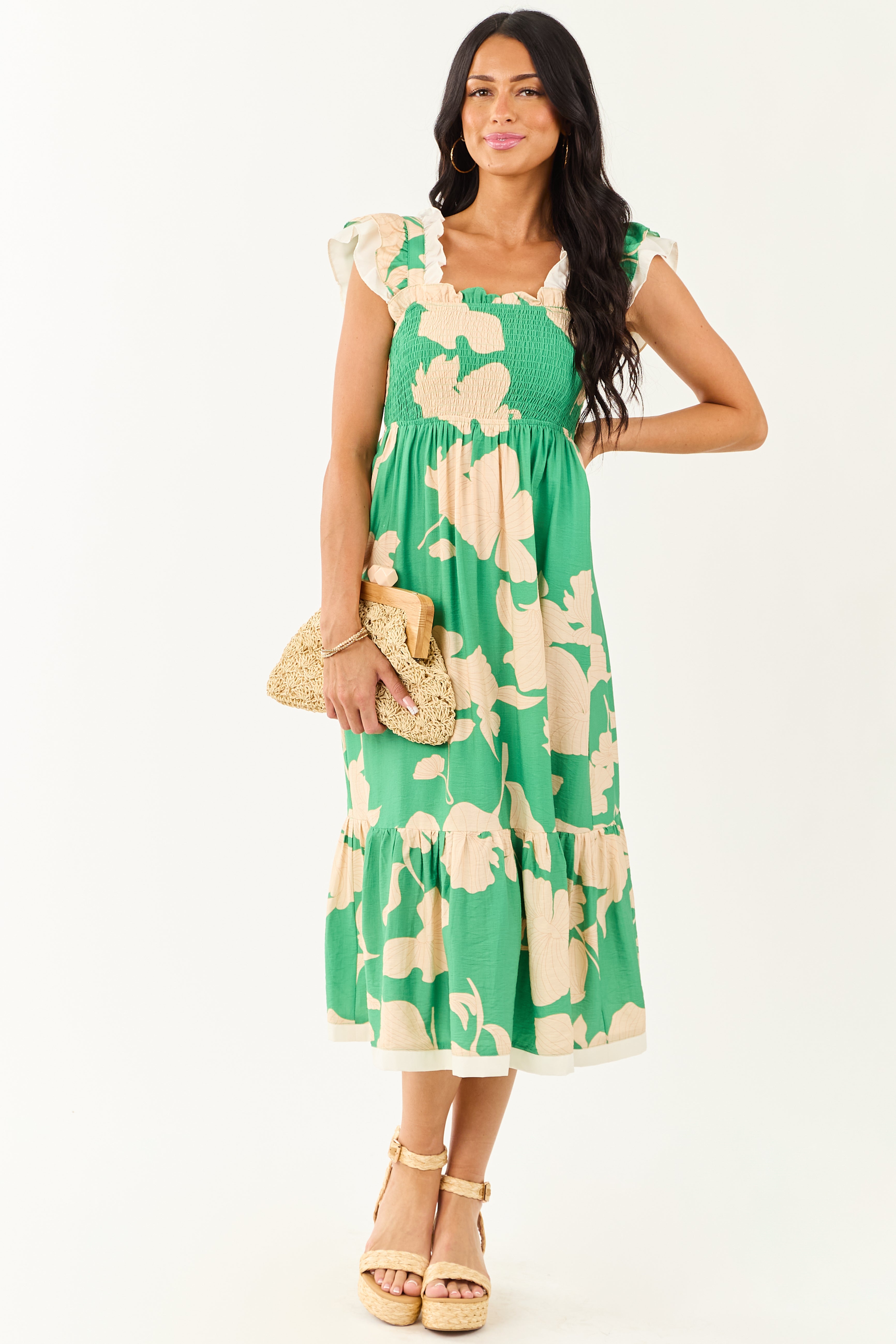 Kelly Green and Cream Floral Print Smocked Midi Dress Kelly Green and Cream Floral Print Smocked Midi Dress