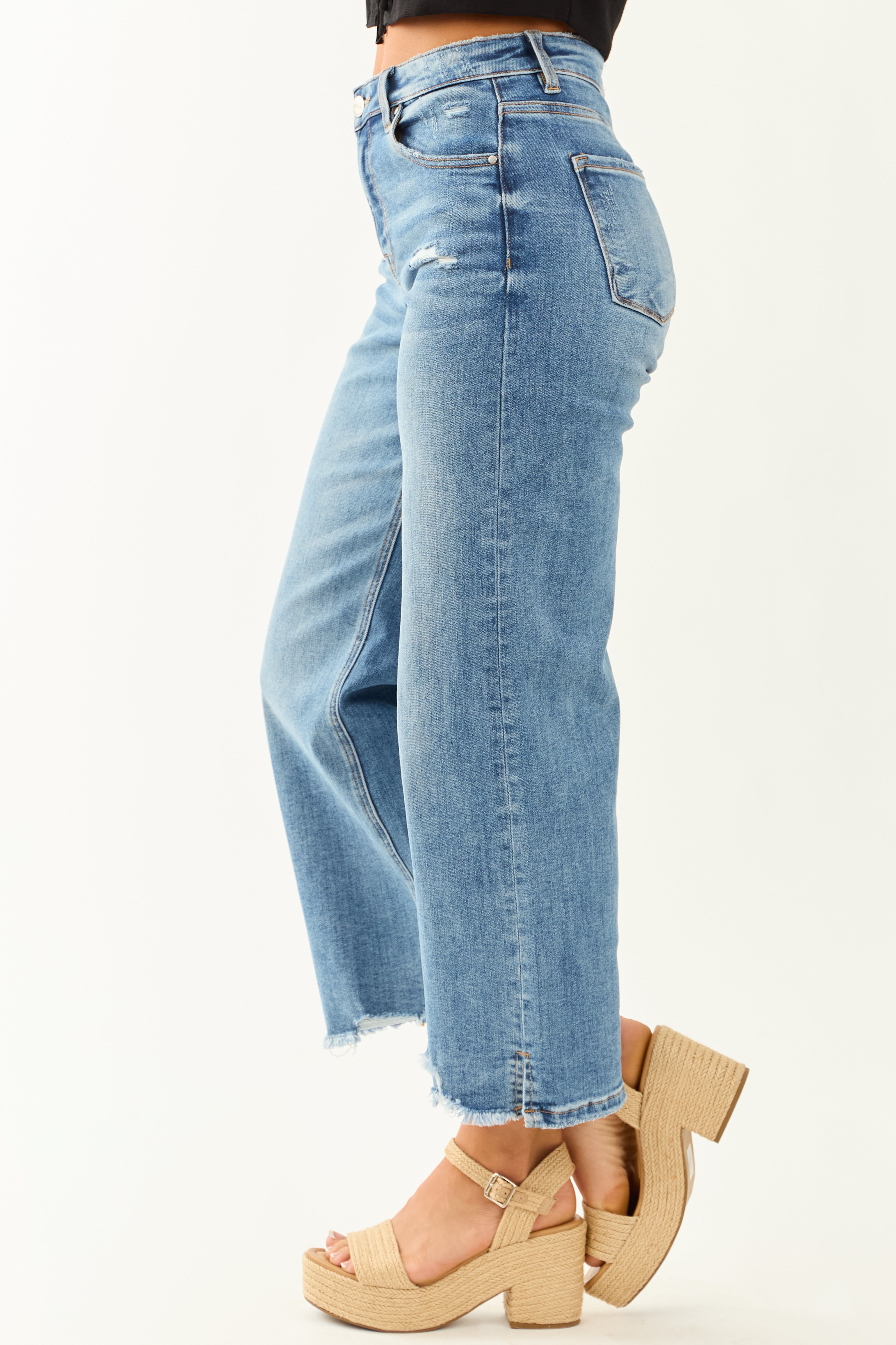 Risen Cropped Frayed Slit Hem Stretchy Wide Jeans Risen Cropped Frayed Slit Hem Stretchy Wide Jeans
