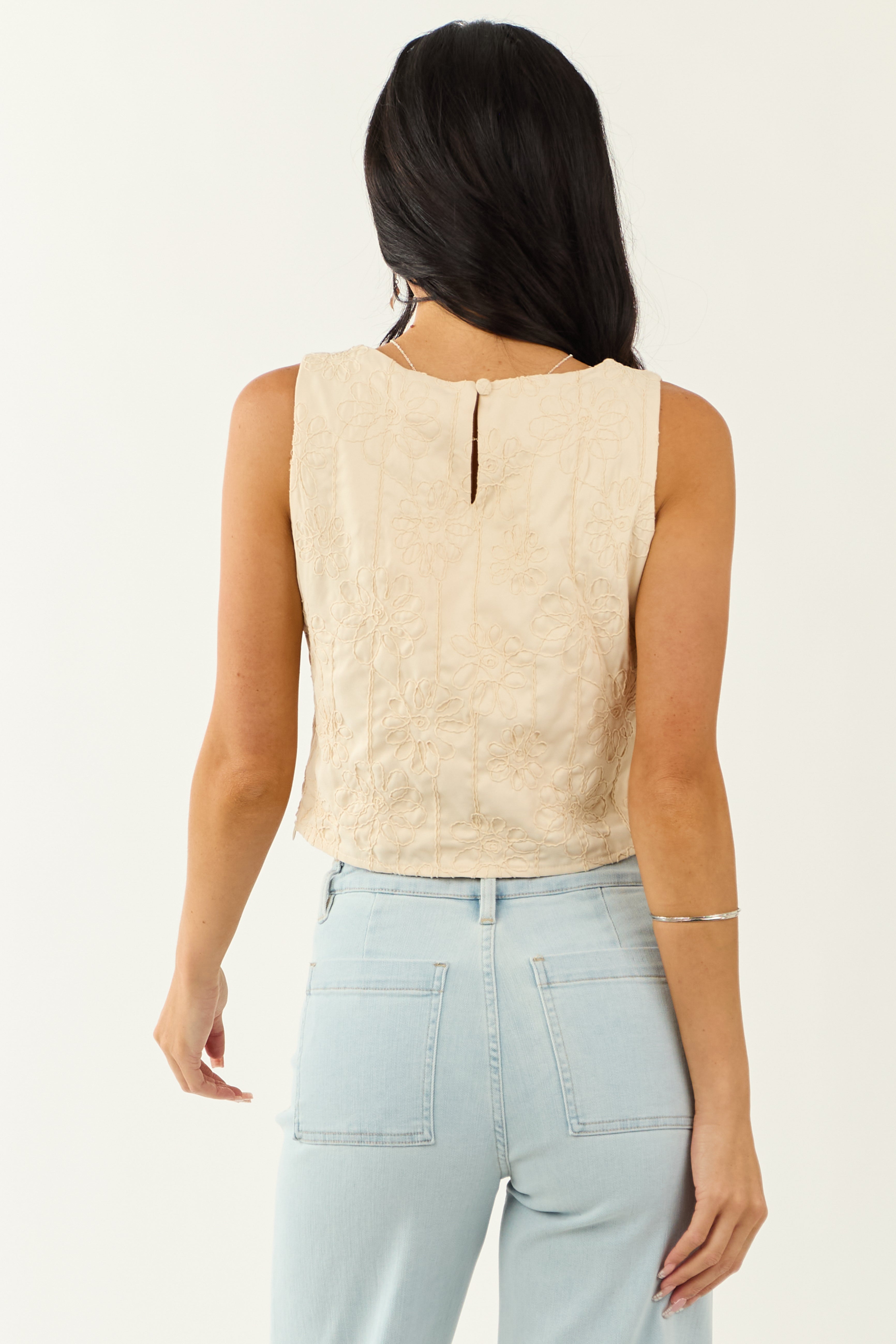 Lovelo Cream Raised Embroidery Cropped Tank Top