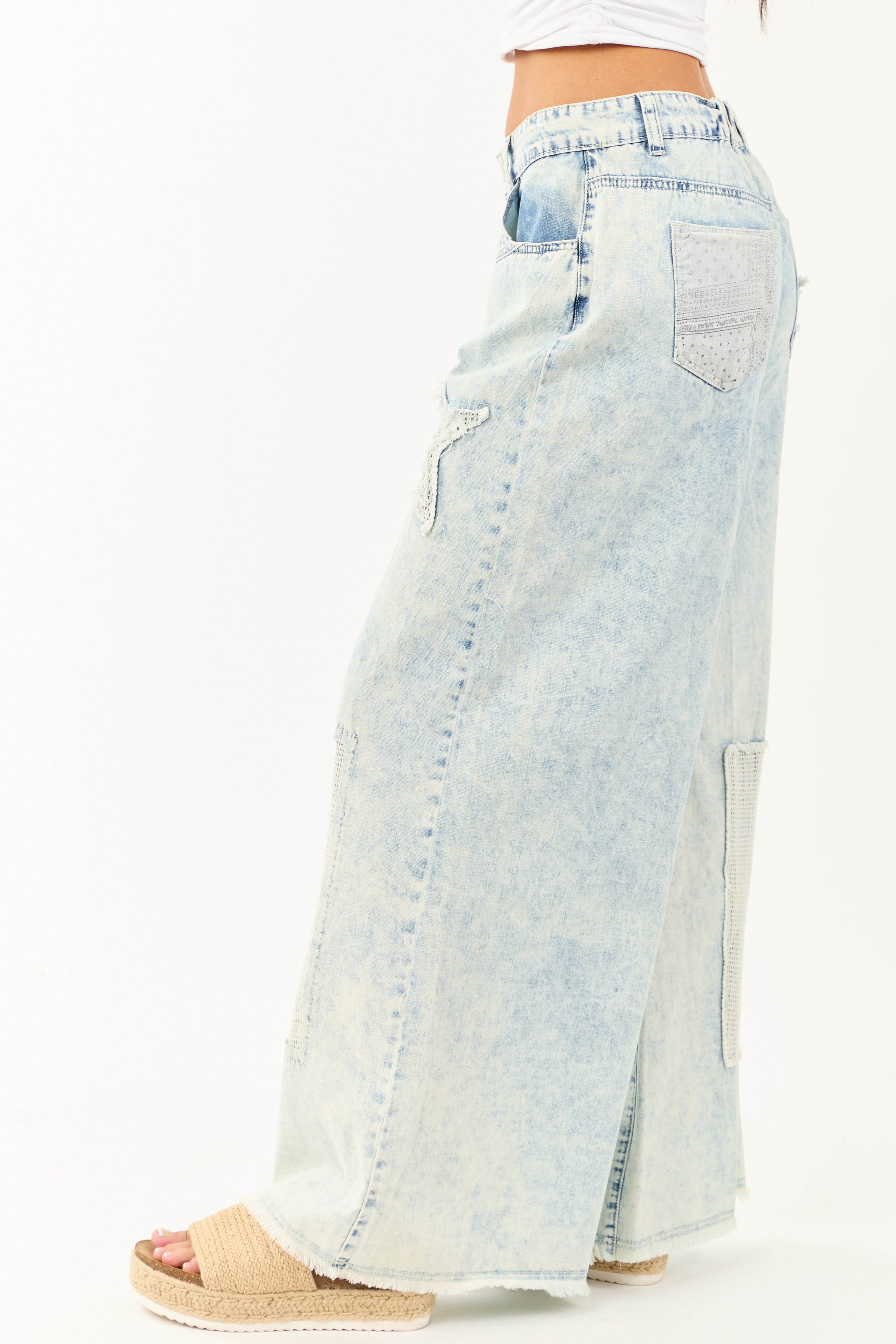 POL Acid Wash Patchwork Lightweight Denim Pants POL Acid Wash Patchwork Lightweight Denim Pants