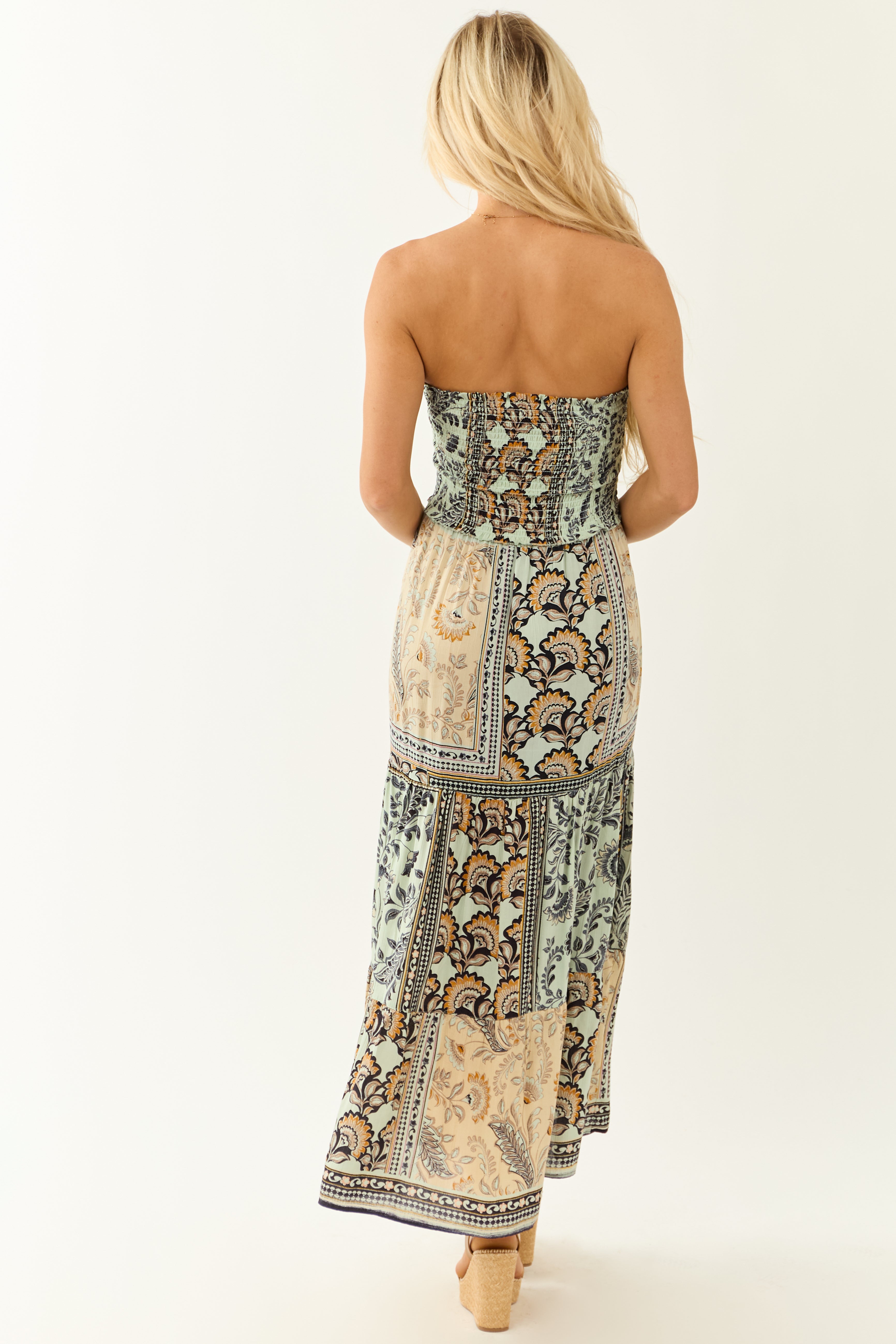 Almond Abstract Print Strapless Smocked Maxi Dress Almond Abstract Print Strapless Smocked Maxi Dress