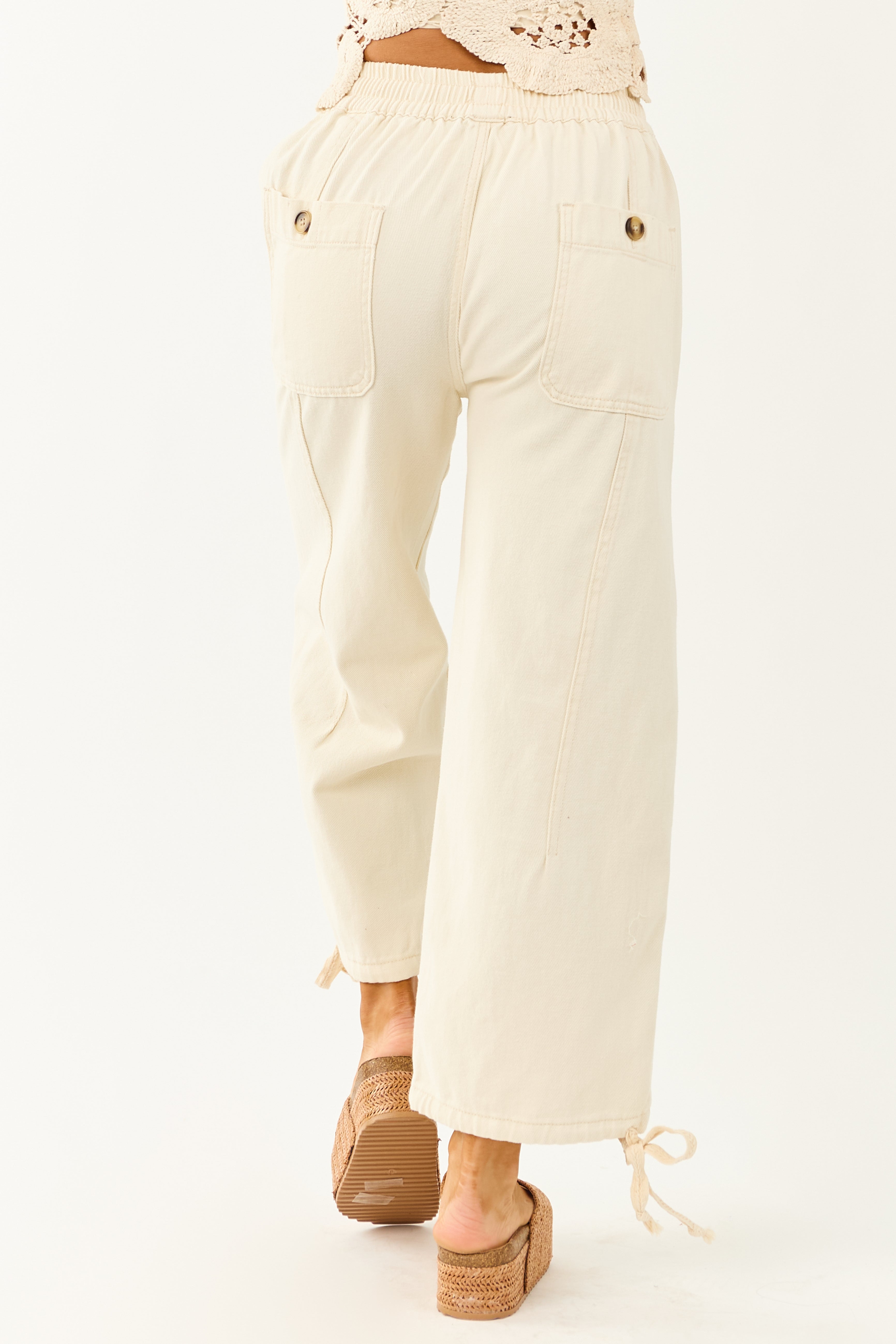 Cream Elastic Waist Relaxed Denim Cargo Pants Cream Elastic Waist Relaxed Denim Cargo Pants