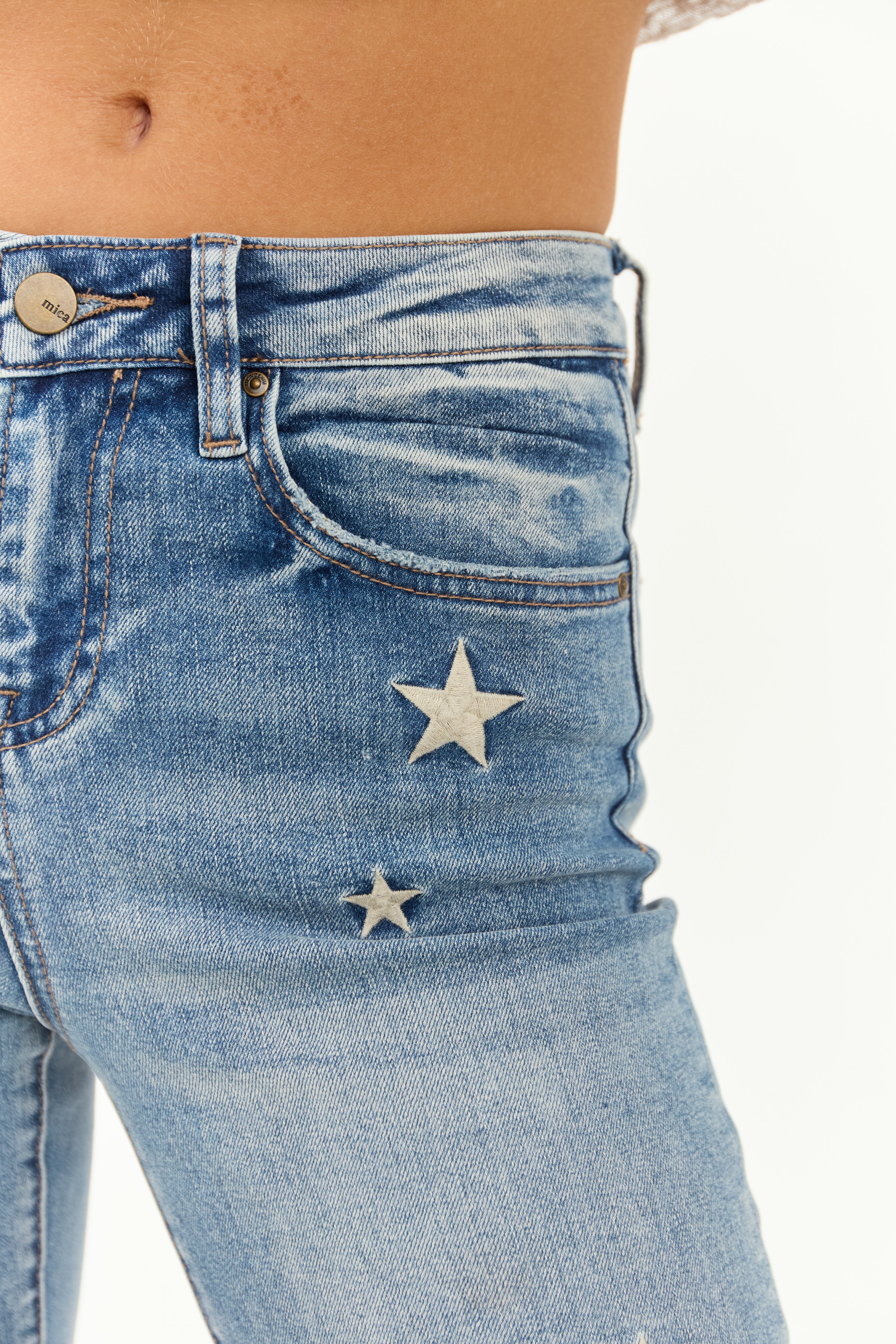 Mica Denim Medium Wash Stretchy Star Flare Jeans Mica Denim Medium Wash Stretchy Star Flare Jeans
