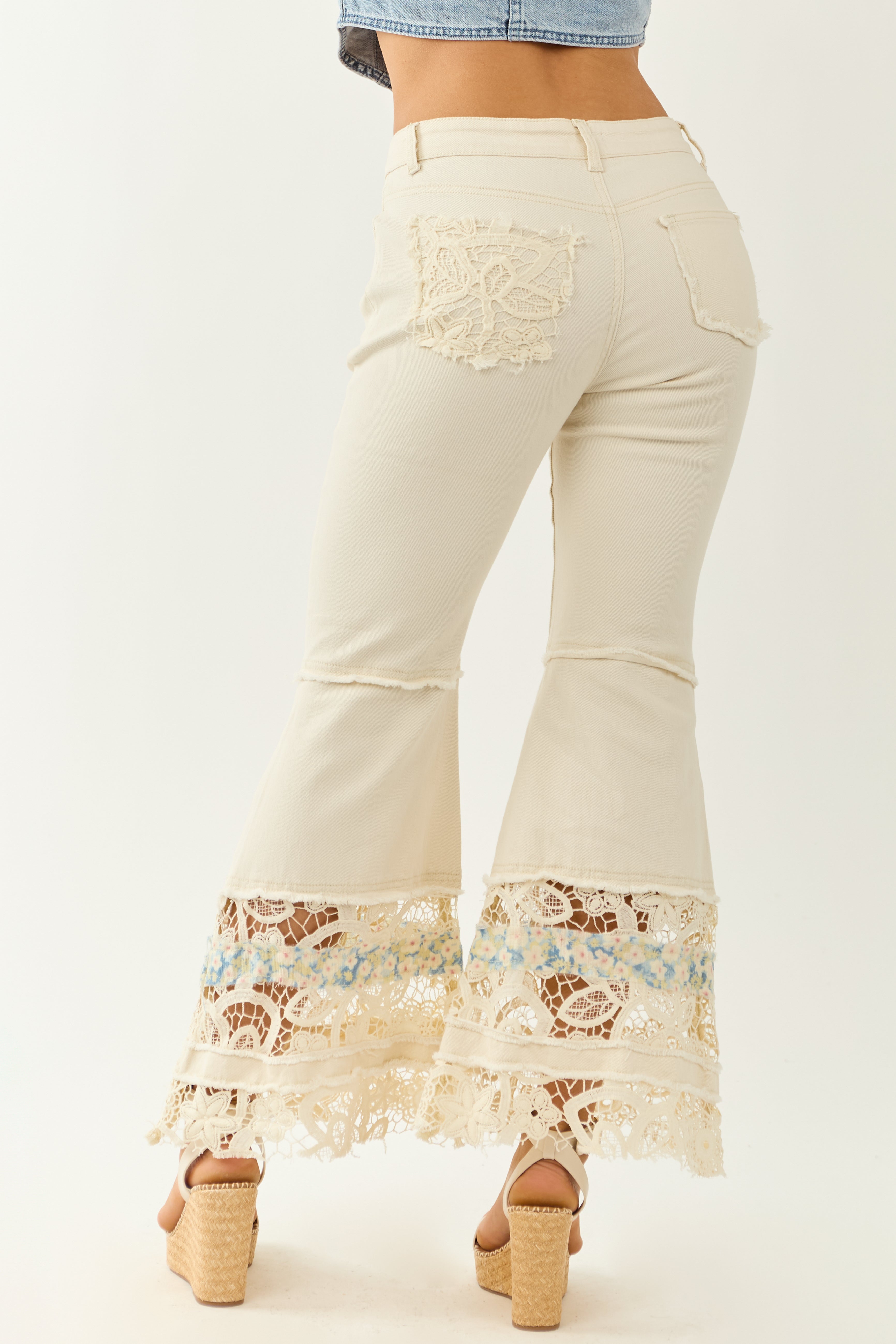 POL Cream Lace Hem High Rise Flare Leg Jeans
