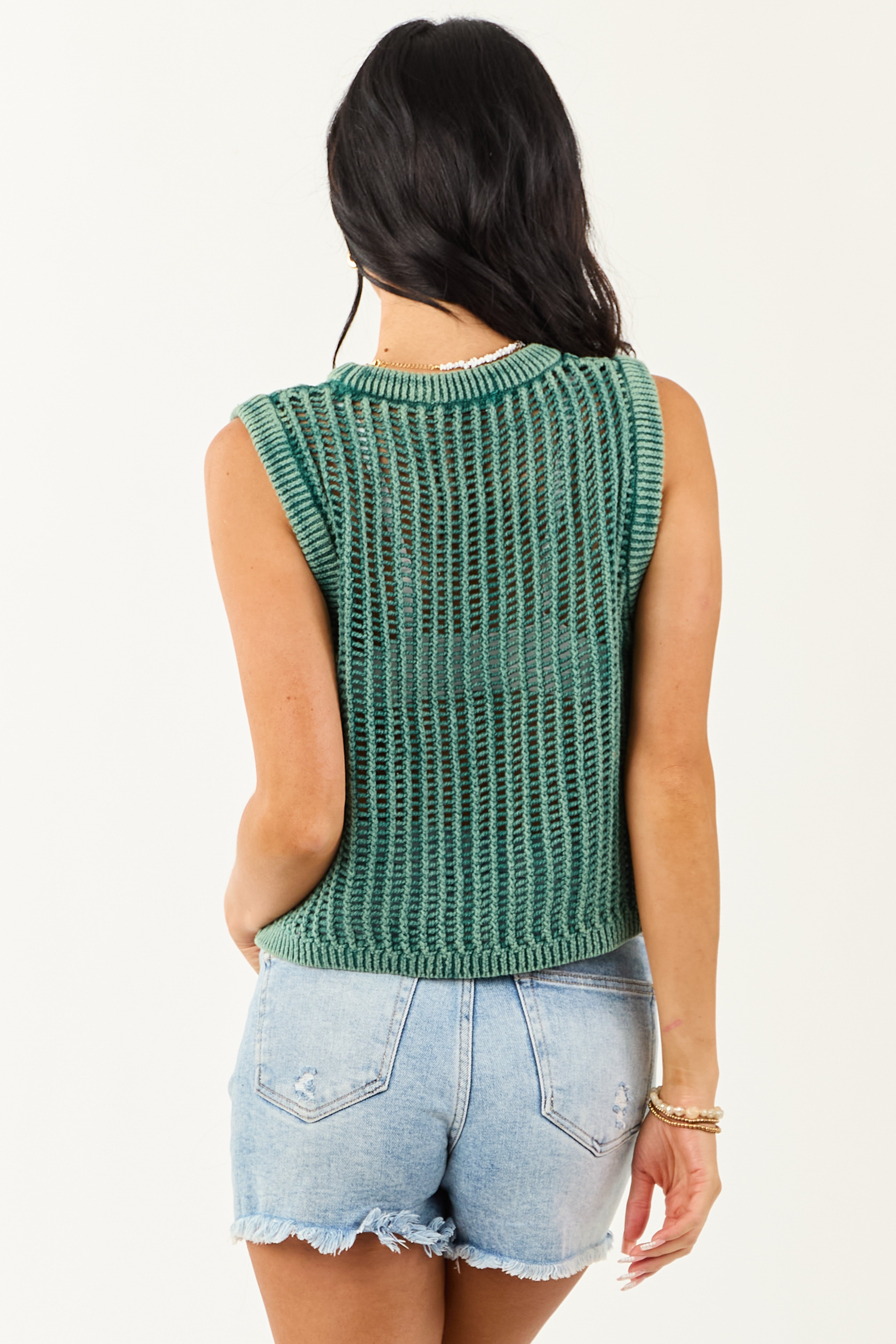 Pine Acid Wash Open Knit Cropped Tank Top