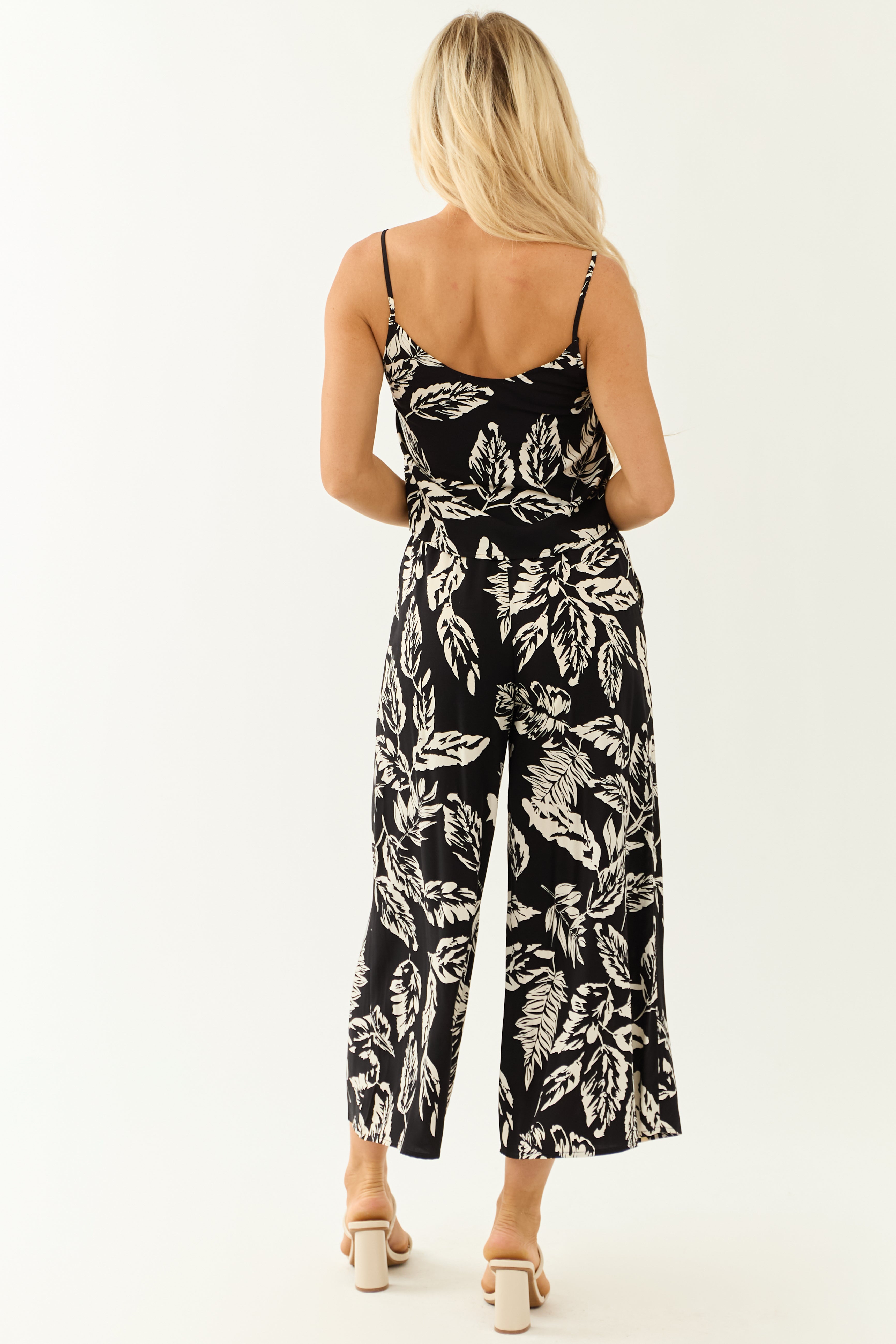 Black Leaf Print Cami Top and Wide Leg Pant Set Black Leaf Print Cami Top and Wide Leg Pant Set