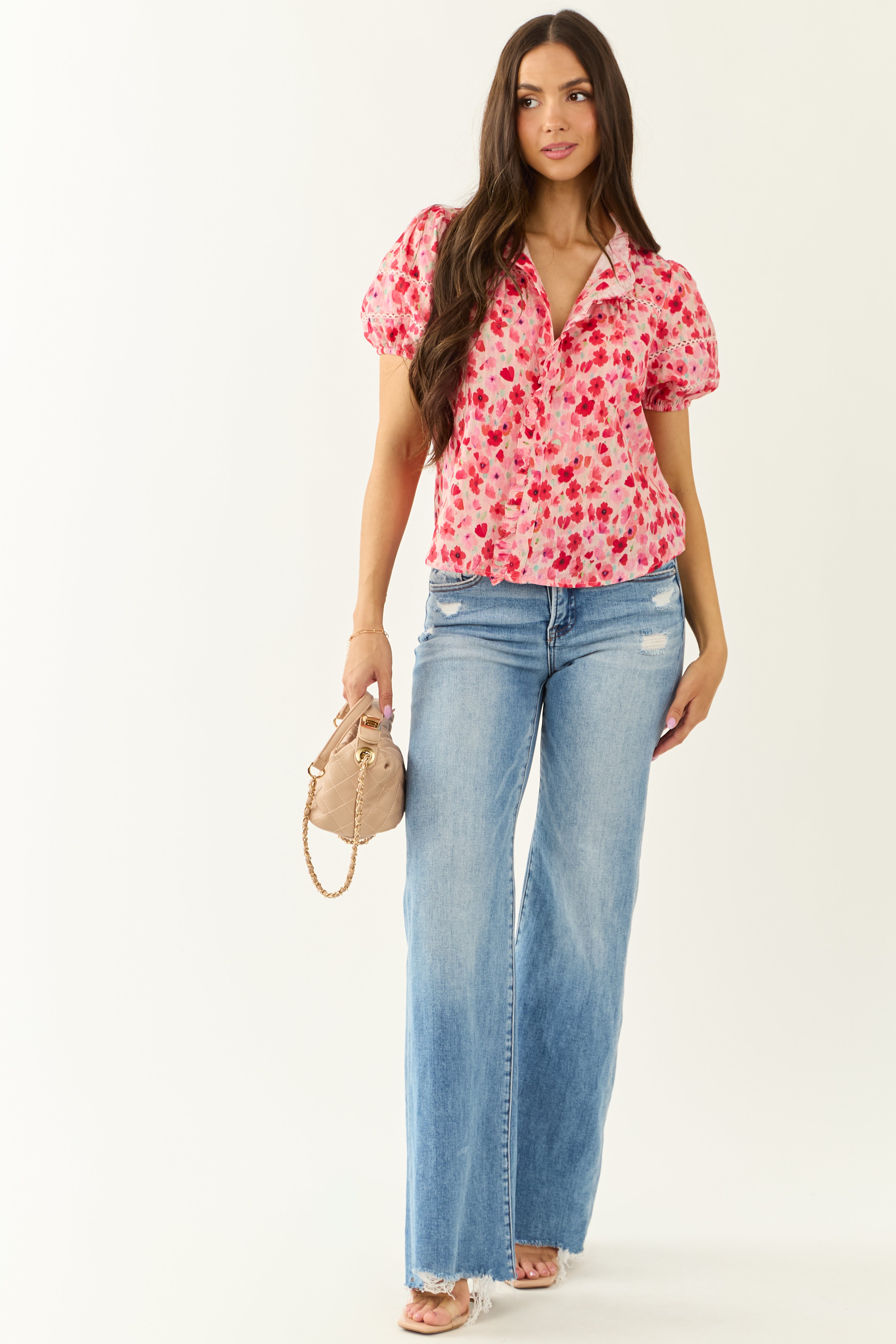 Carnation Floral Print Embroidered Puff Sleeve Blouse Carnation Floral Print Embroidered Puff Sleeve Blouse