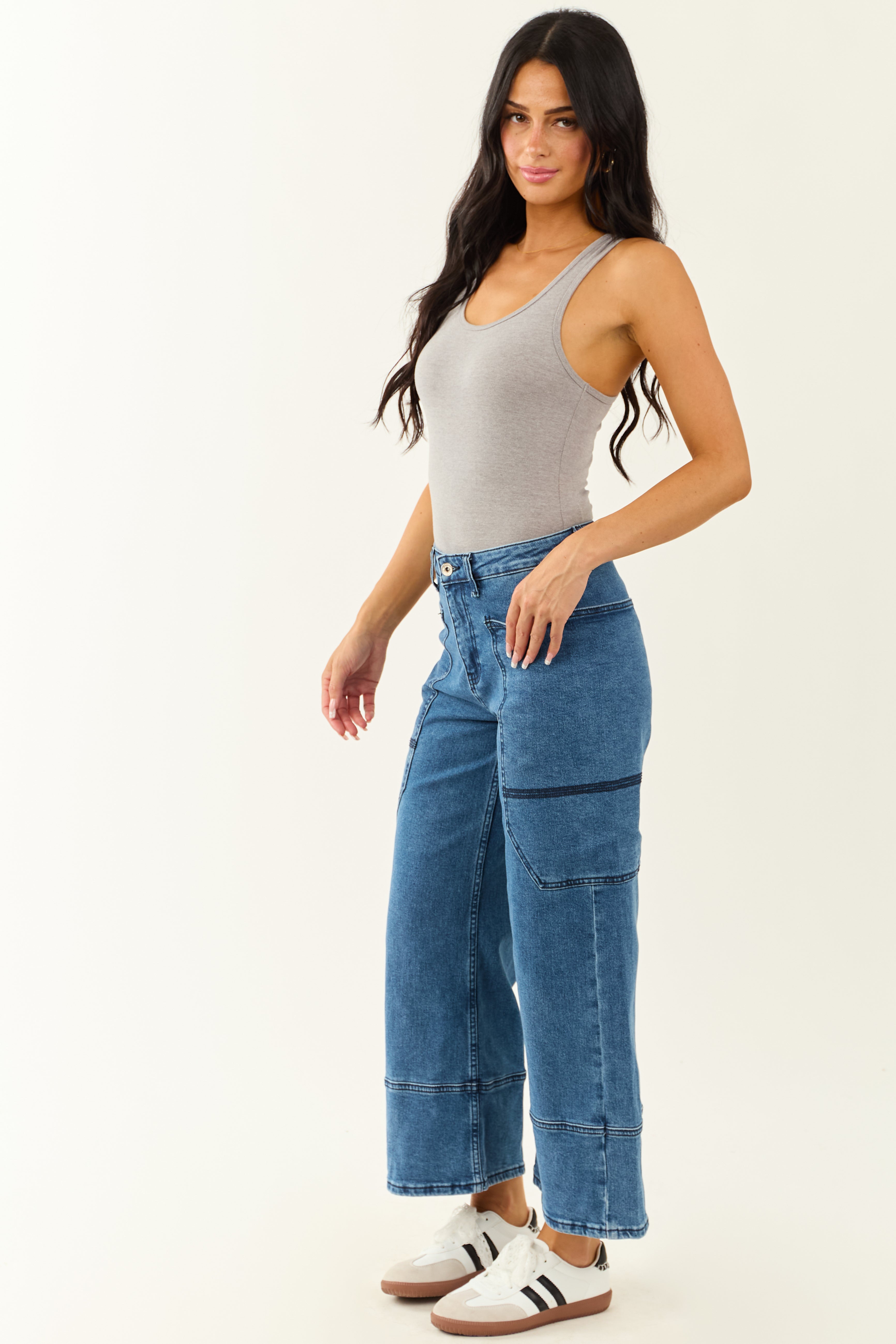 Saige Dark Wash Wide Leg Stretchy Wrap Pocket Jeans Saige Dark Wash Wide Leg Stretchy Wrap Pocket Jeans