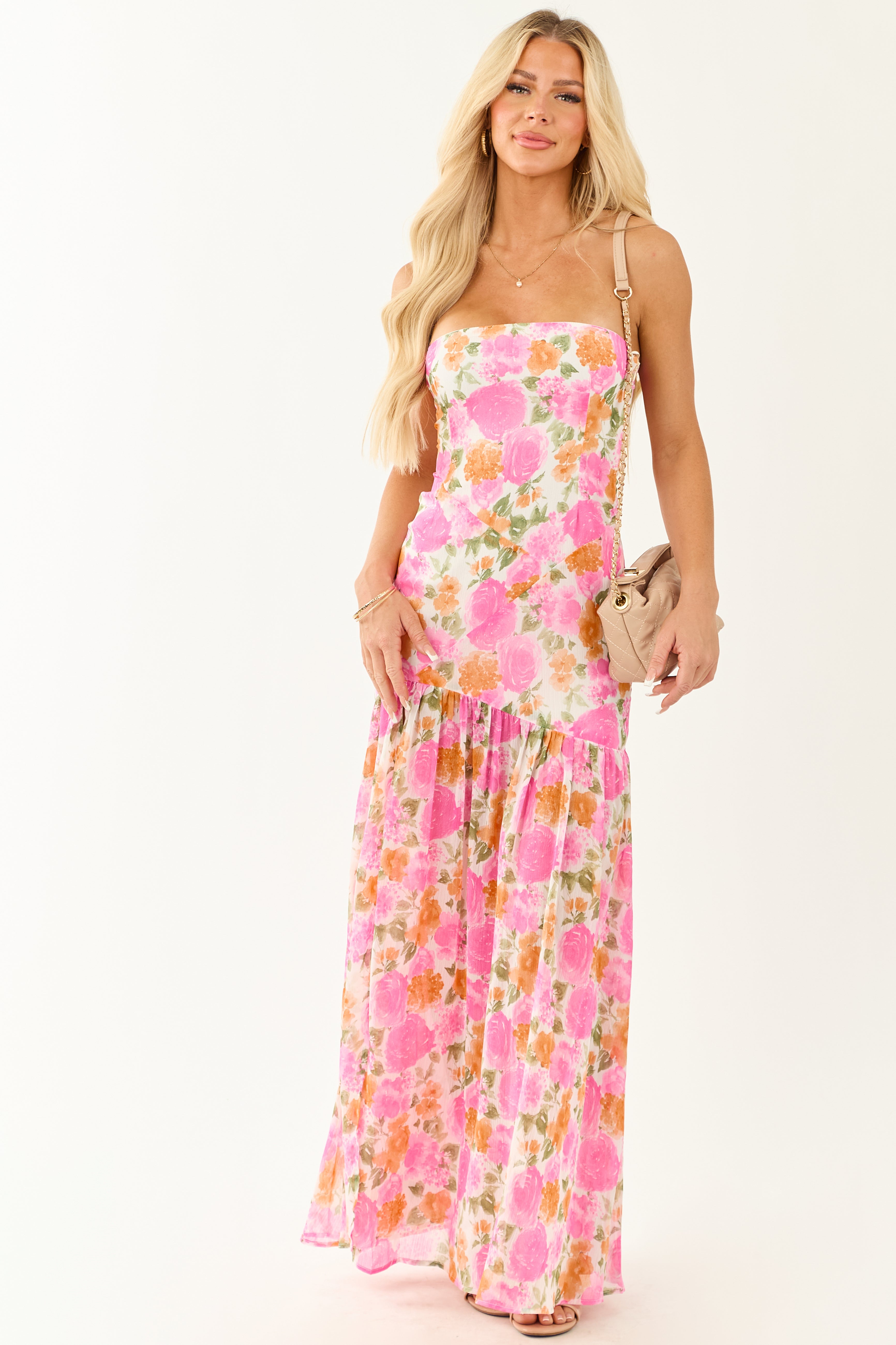Fuchsia Floral Strapless Asymmetrical Maxi Dress