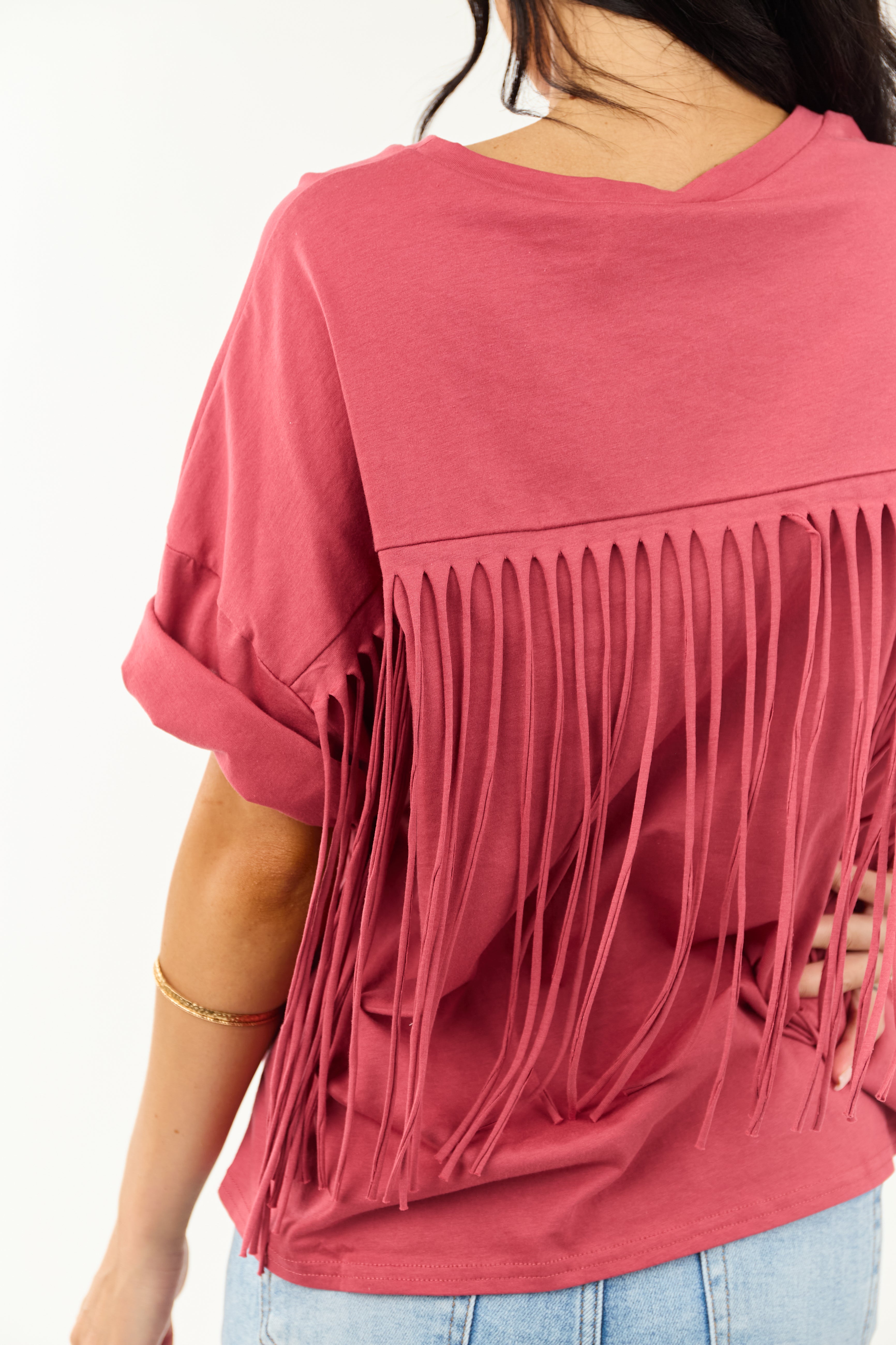 Marsala Half Sleeve Cotton Back Fringe Top Marsala Half Sleeve Cotton Back Fringe Top