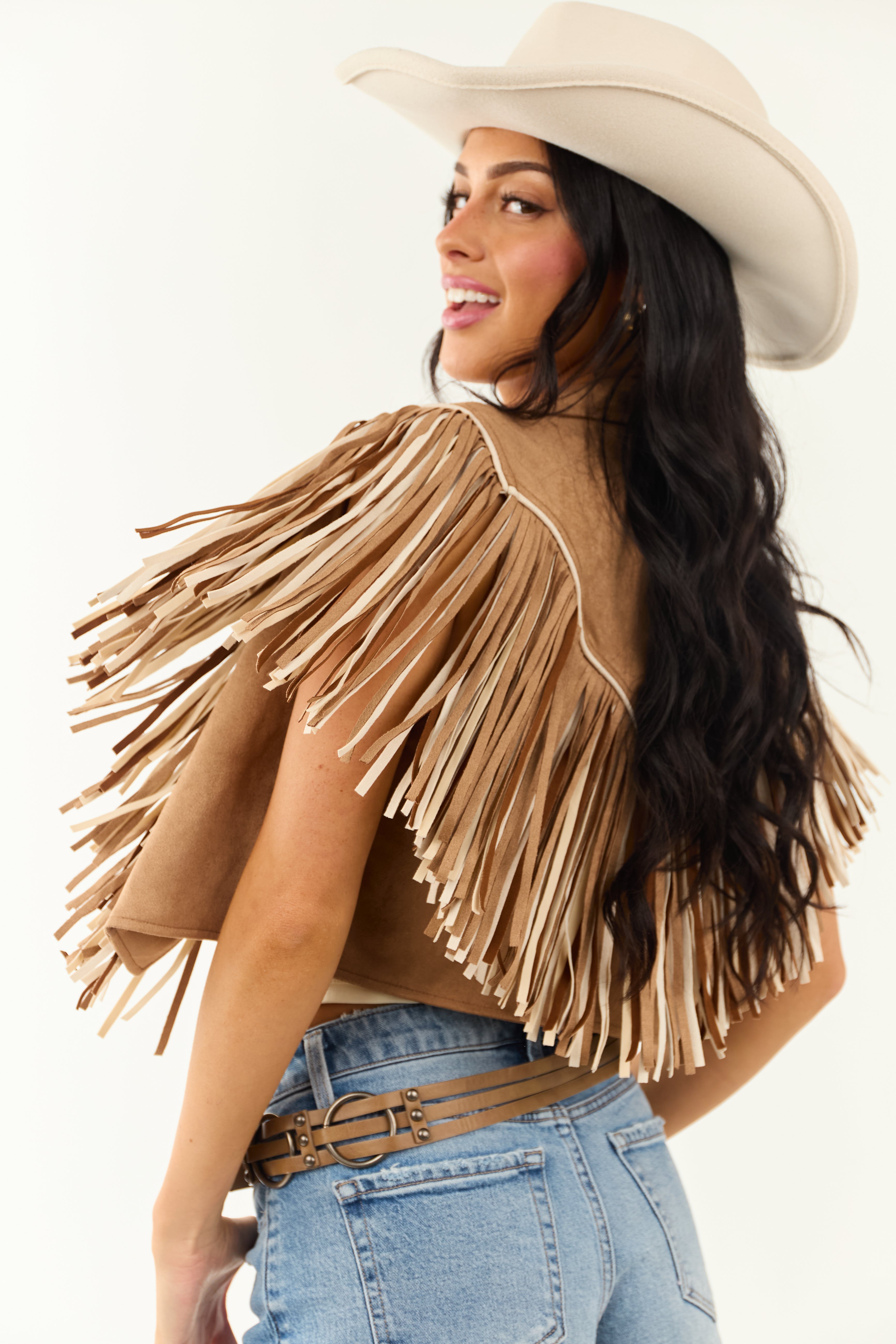 Brown Sugar Faux Suede Fringe Open Front Vest Brown Sugar Faux Suede Fringe Open Front Vest