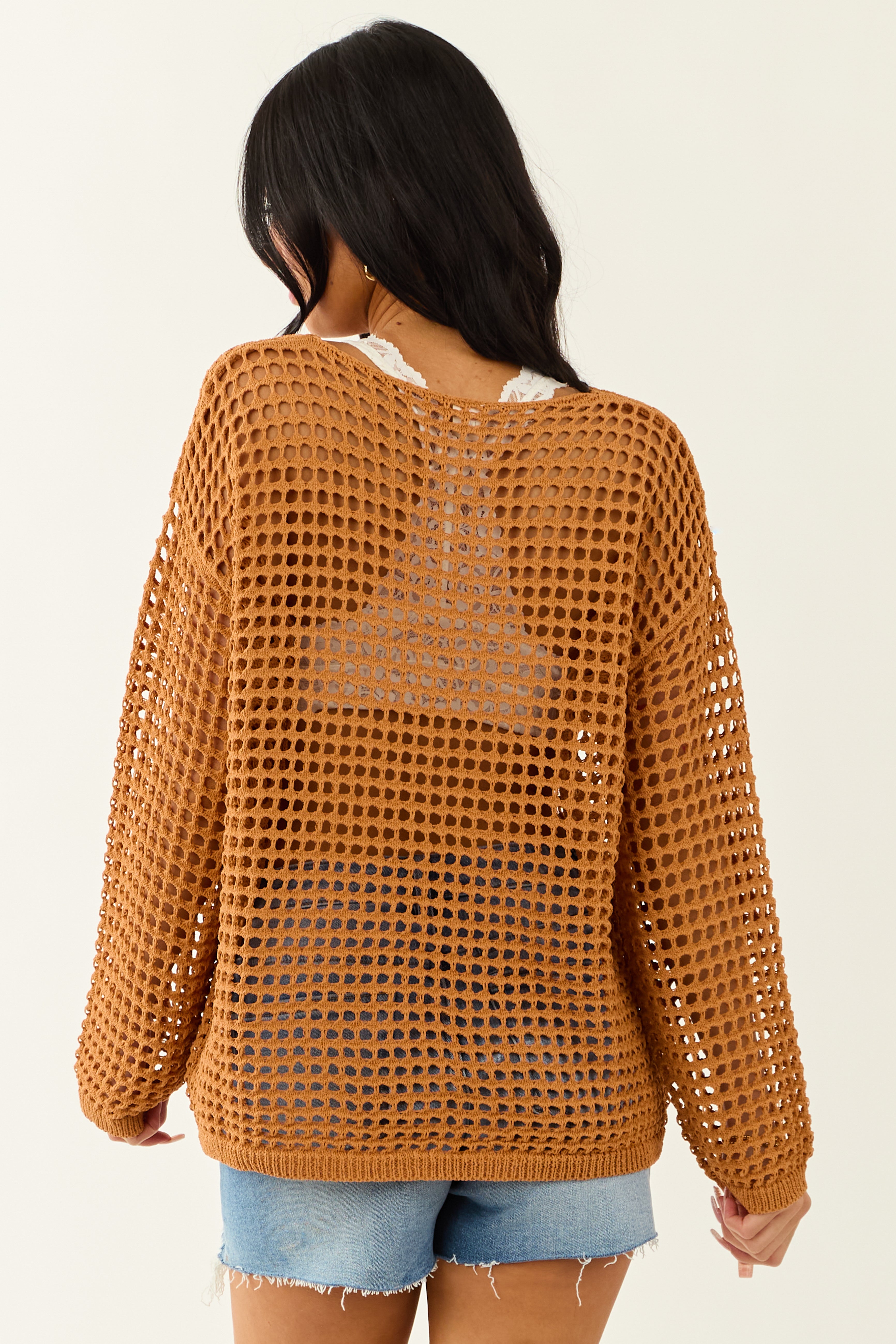 Caramel Open Crochet Round Neck Long Sleeve Top Caramel Open Crochet Round Neck Long Sleeve Top