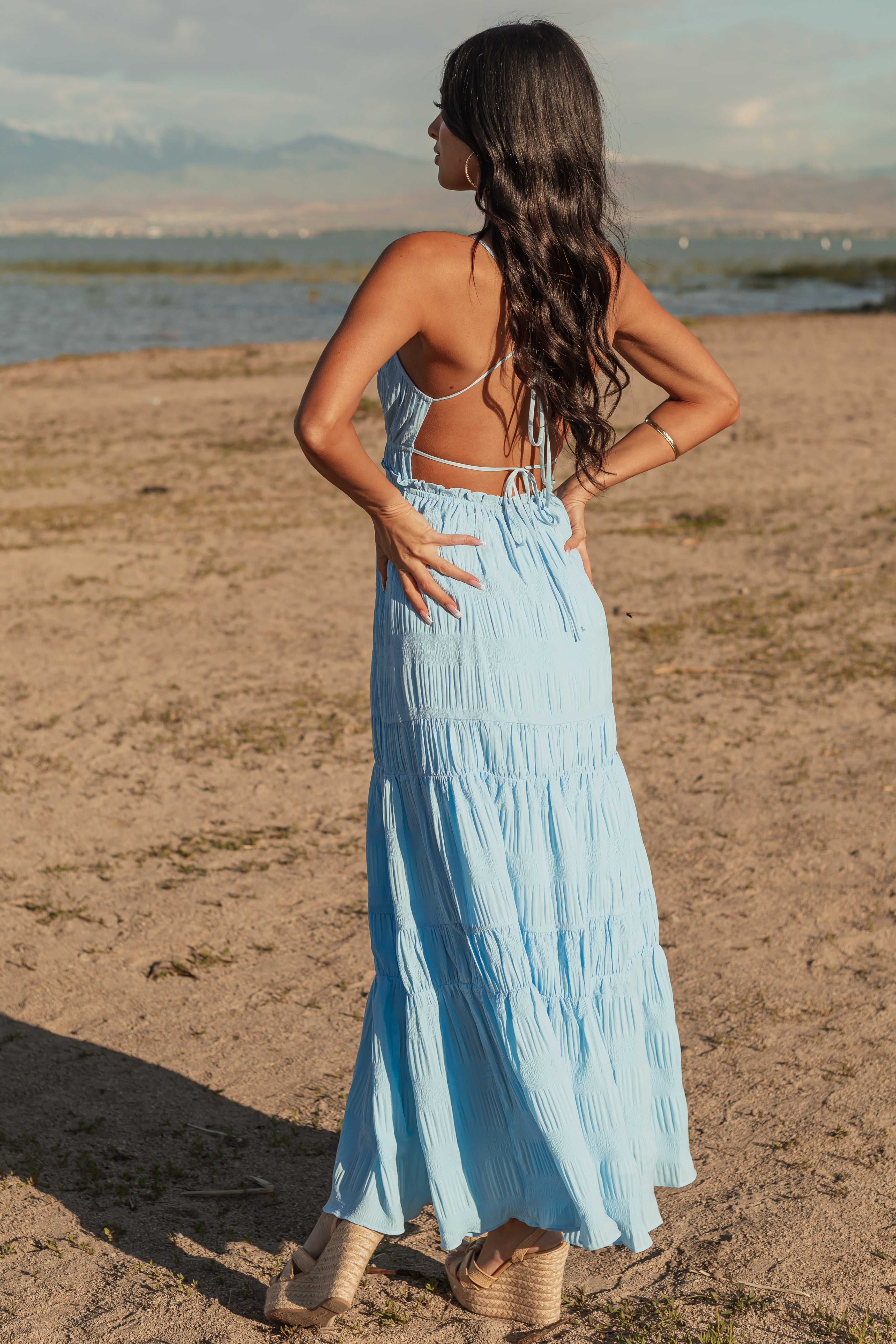 Sky Blue Ruched Tiered Sleeveless Maxi Dress Sky Blue Ruched Tiered Sleeveless Maxi Dress