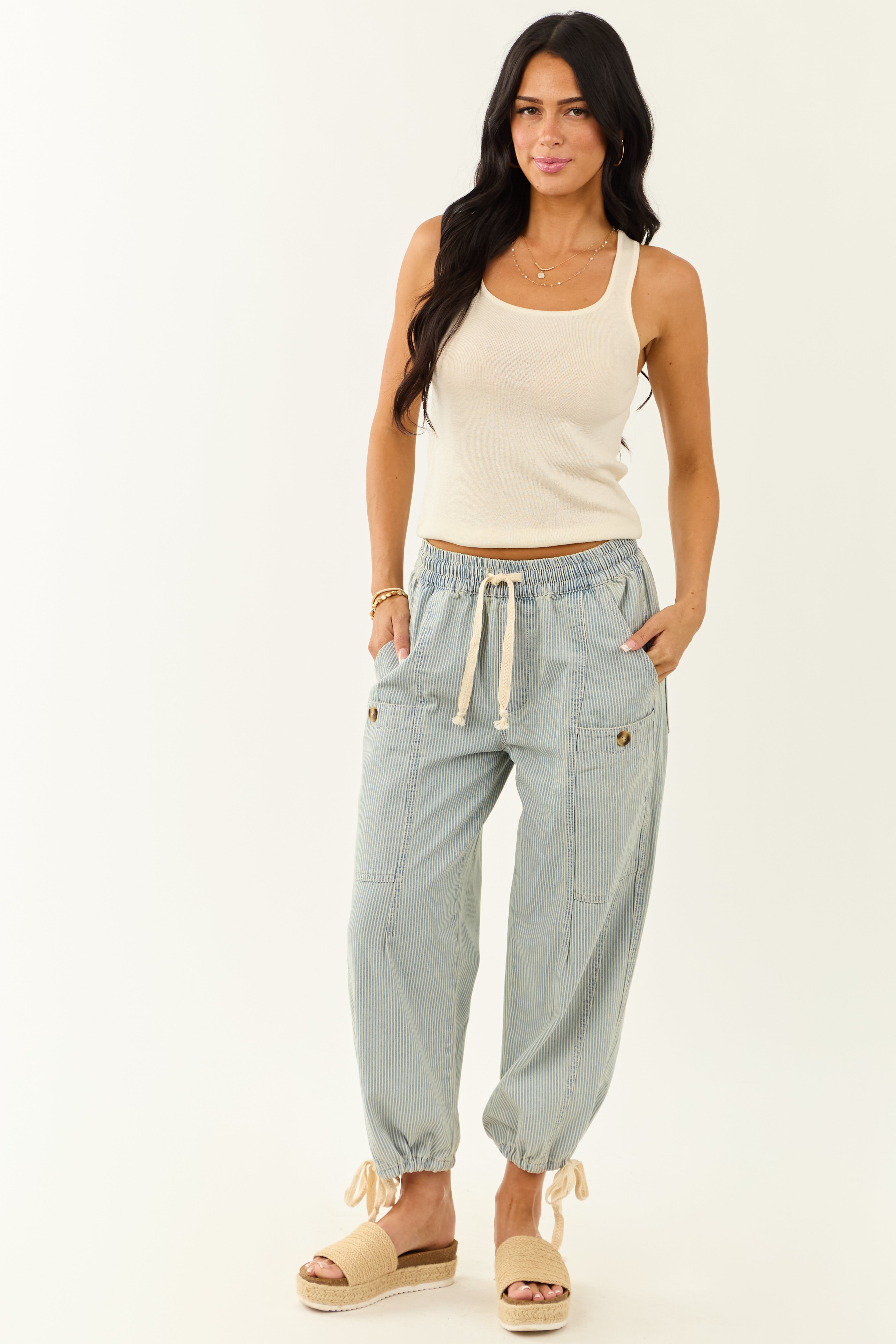 Light Wash Railroad Stripe High Rise Drawstring Pants
