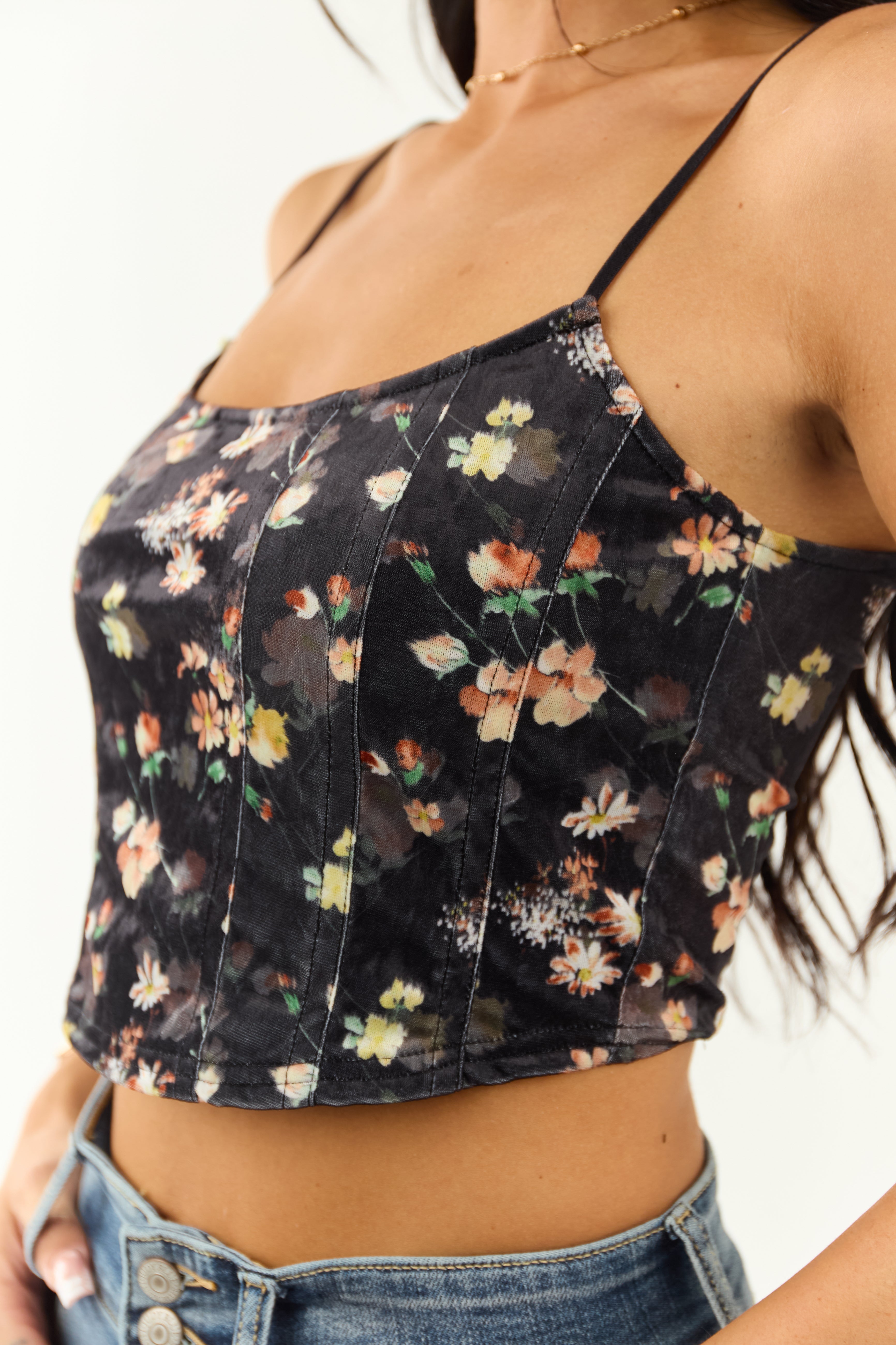 Black Floral Print Velvet Cropped Tank Top Black Floral Print Velvet Cropped Tank Top