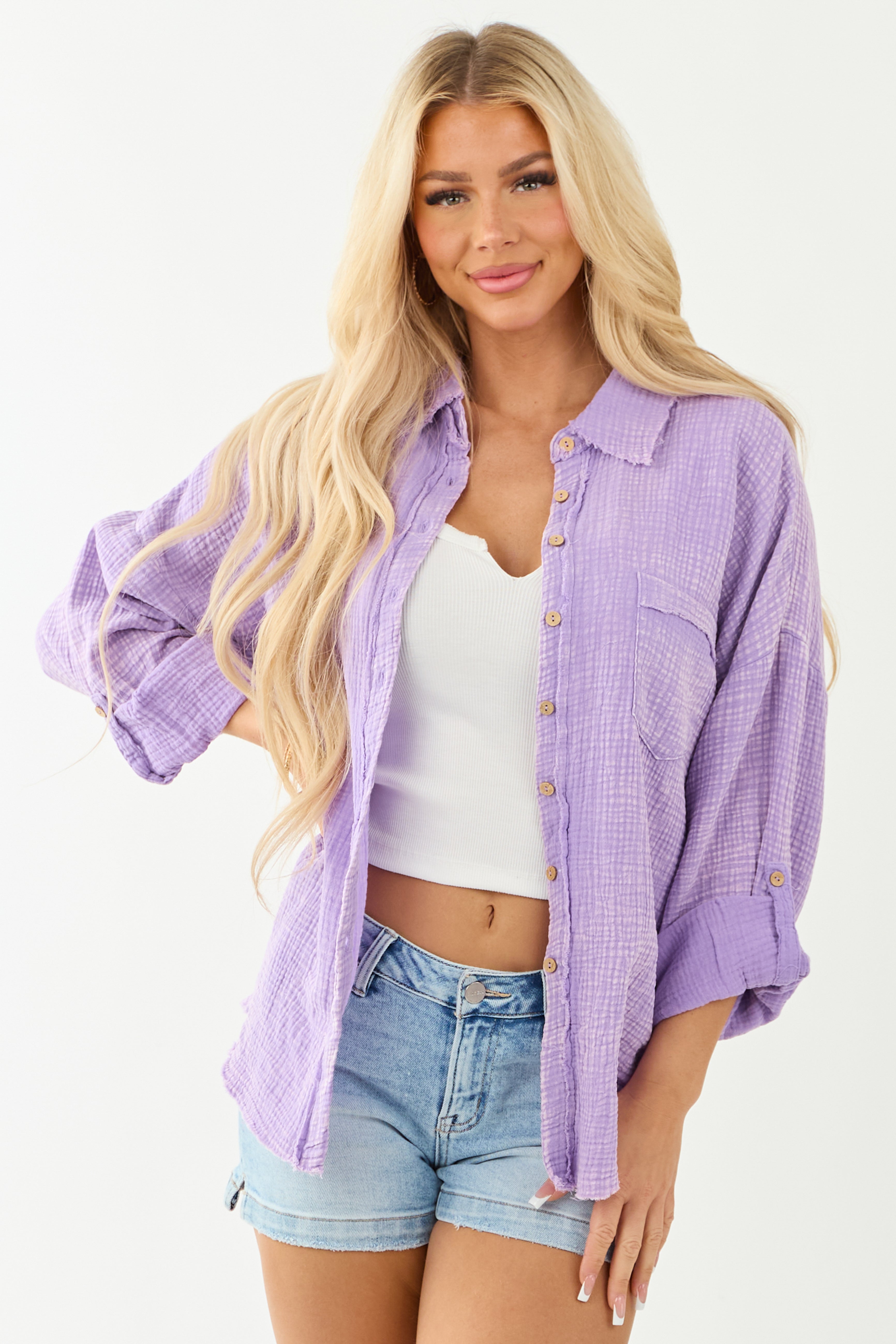 Iris Washed Double Gauze Cotton Button Down Top Iris Washed Double Gauze Cotton Button Down Top