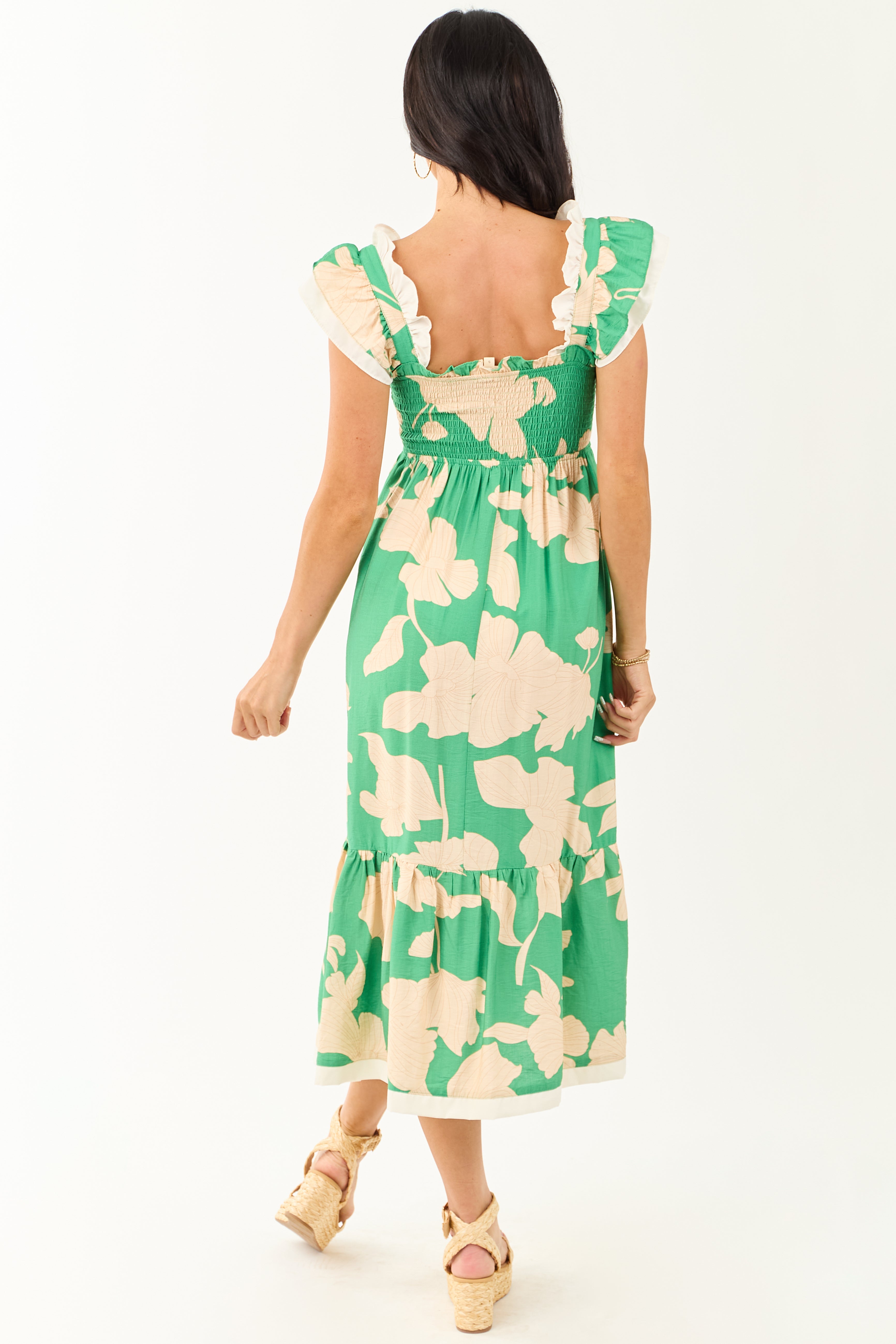 Kelly Green and Cream Floral Print Smocked Midi Dress Kelly Green and Cream Floral Print Smocked Midi Dress