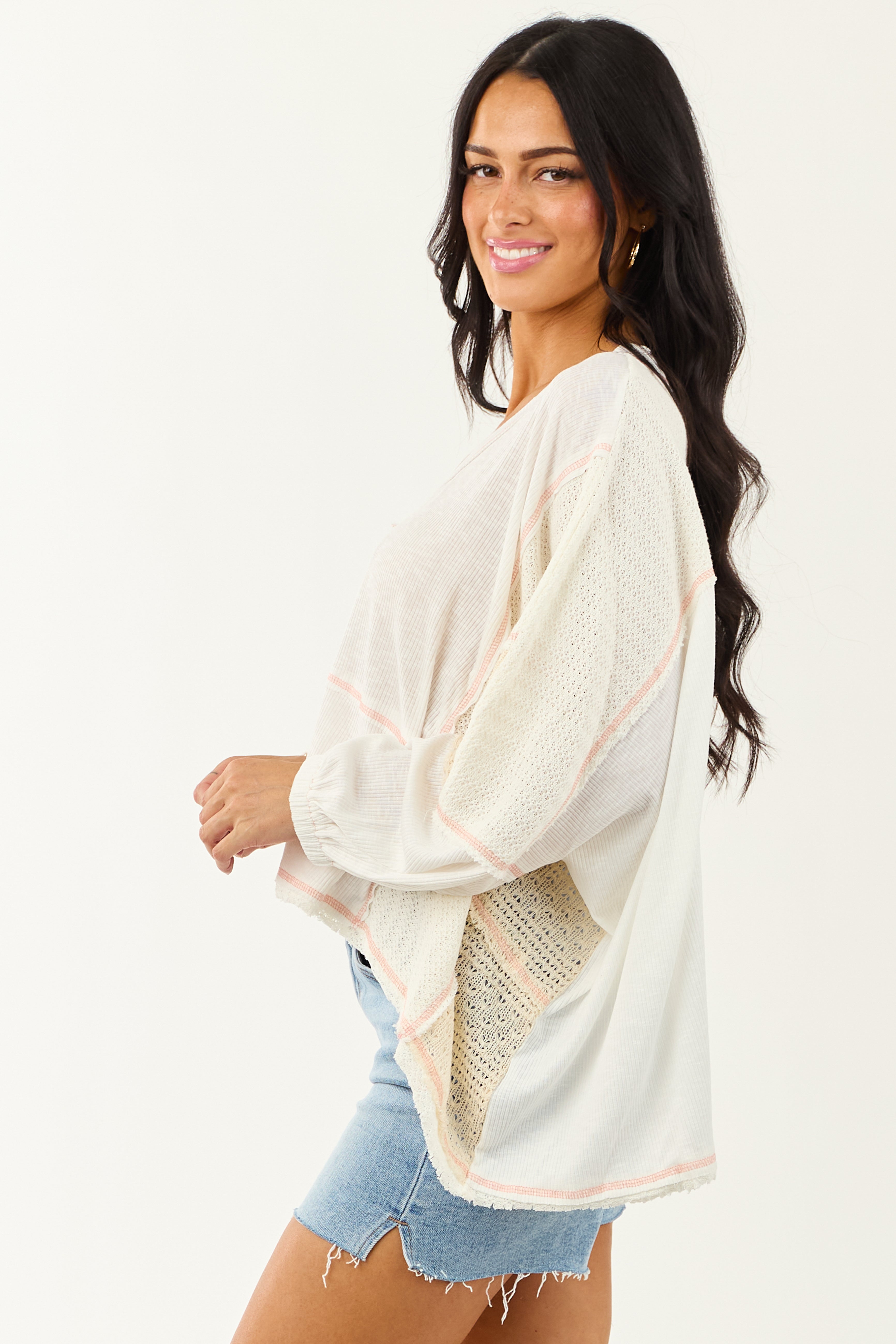 POL Off White and Cream Contrast Knit Relaxed Top POL Off White and Cream Contrast Knit Relaxed Top