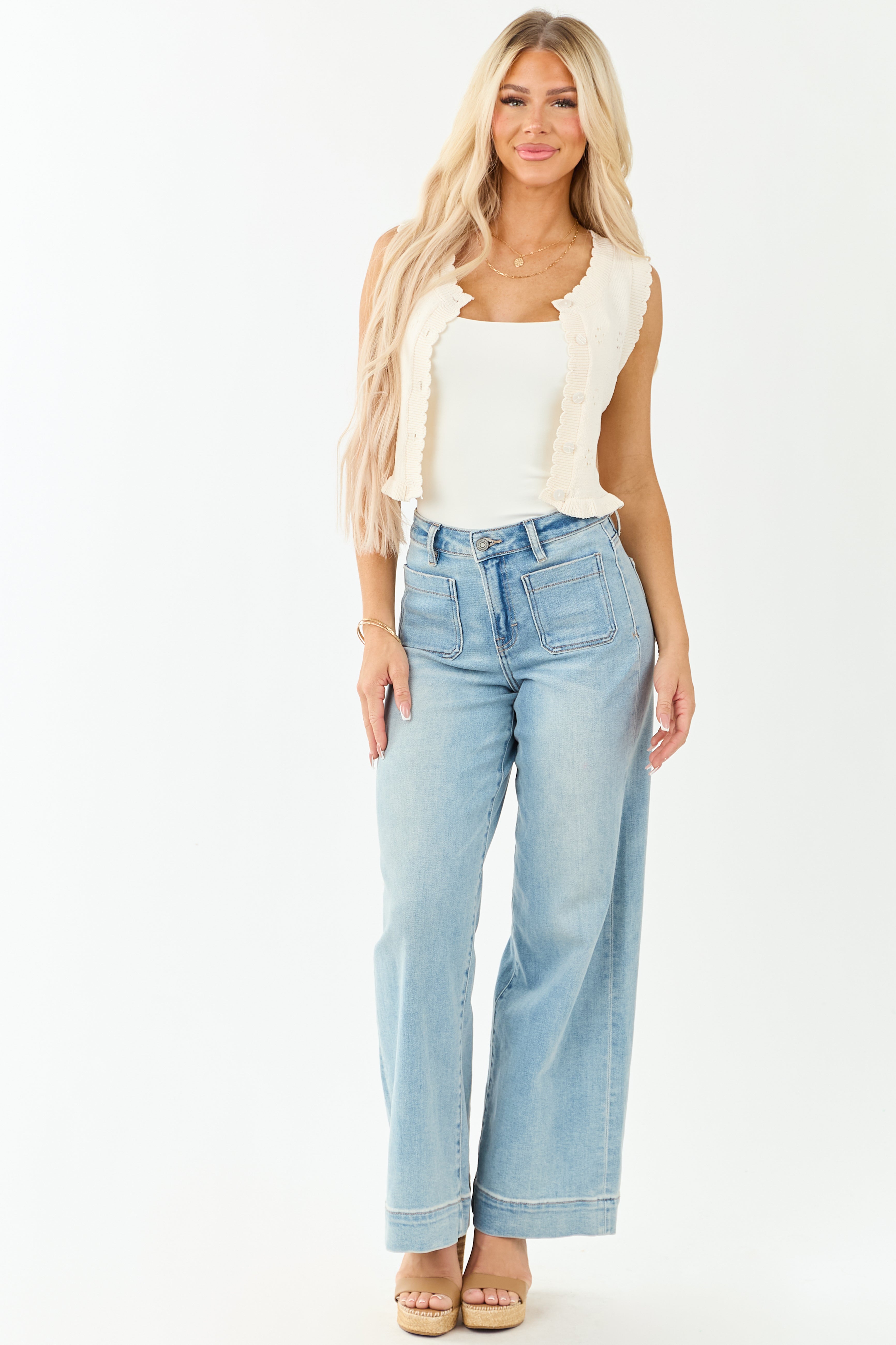 Cream Pointelle Knit Cropped Button Up Tank Top