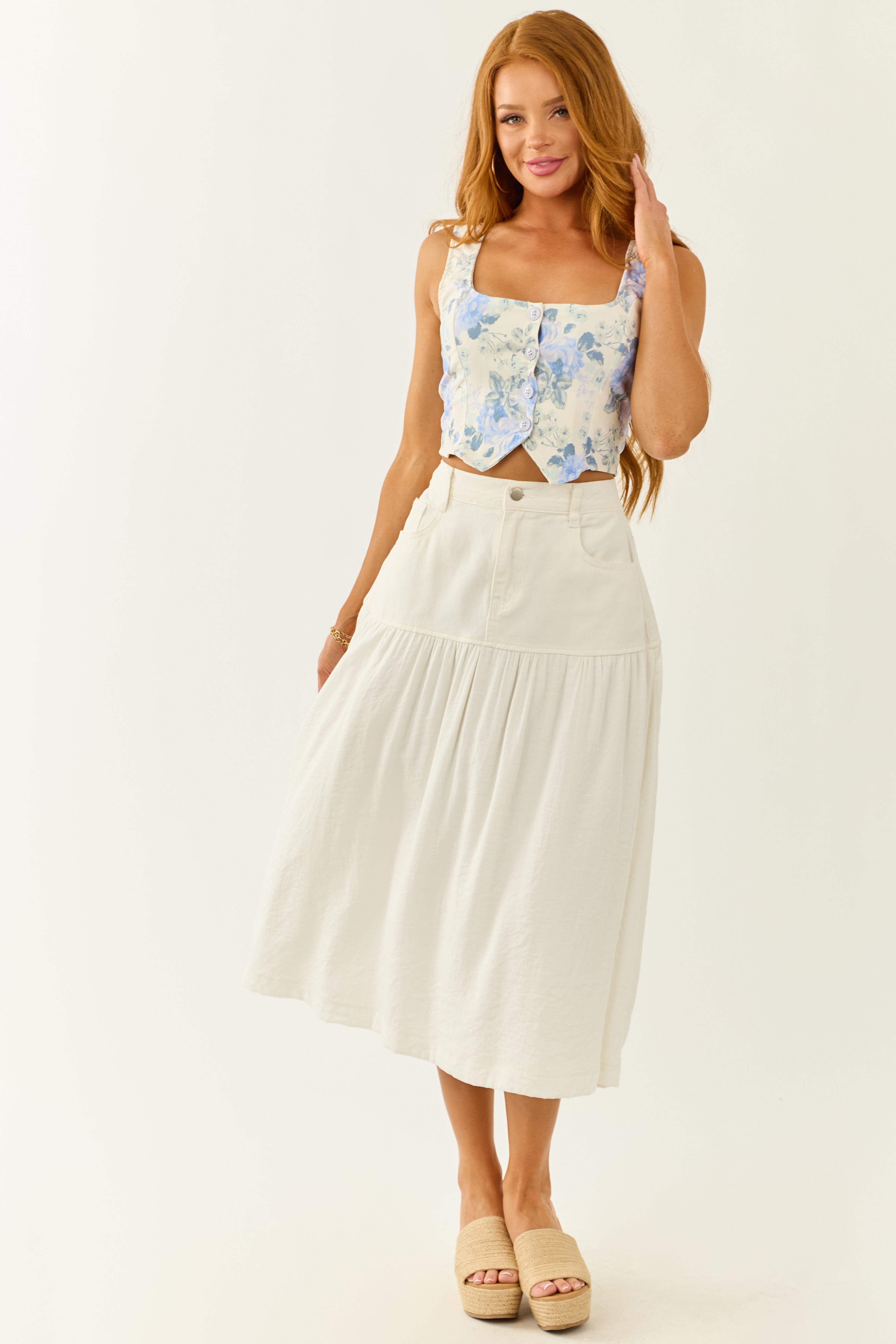 Ivory and Dusty Blue Floral Print Button Down Vest