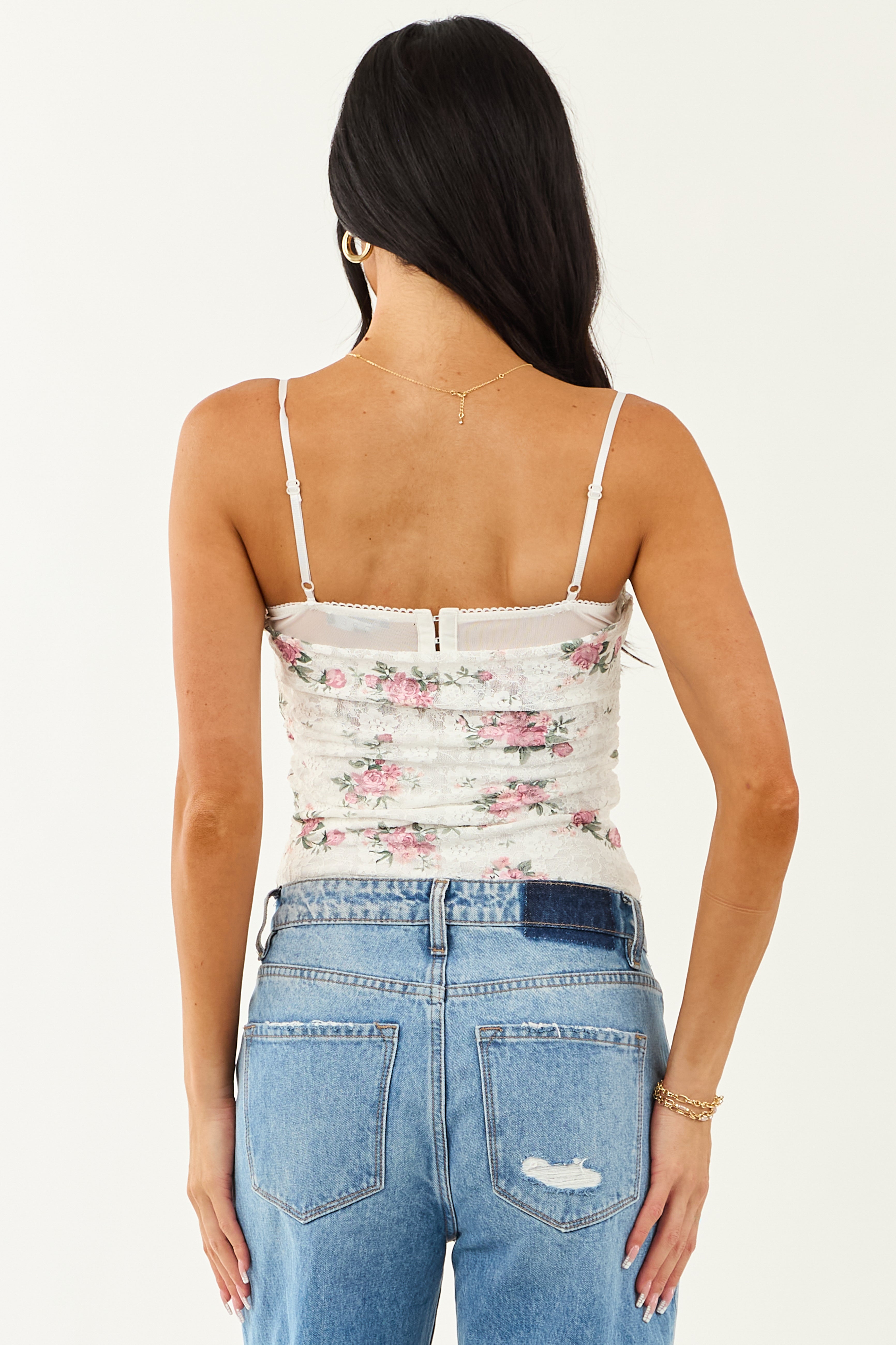 Off White Floral Lace Sleeveless Bodysuit