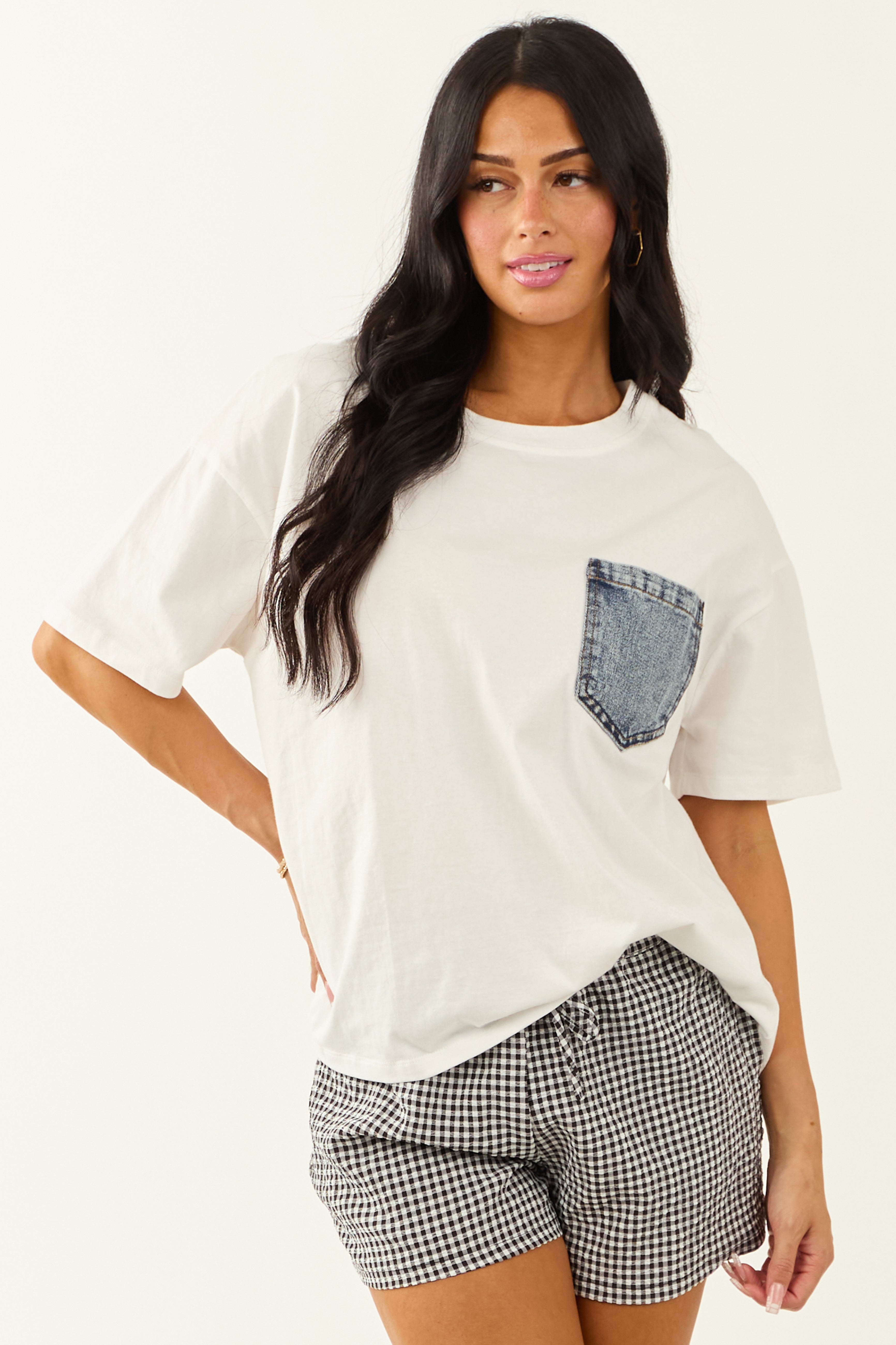 Off White Cotton Tee with Contrast Denim Pocket Off White Cotton Tee with Contrast Denim Pocket