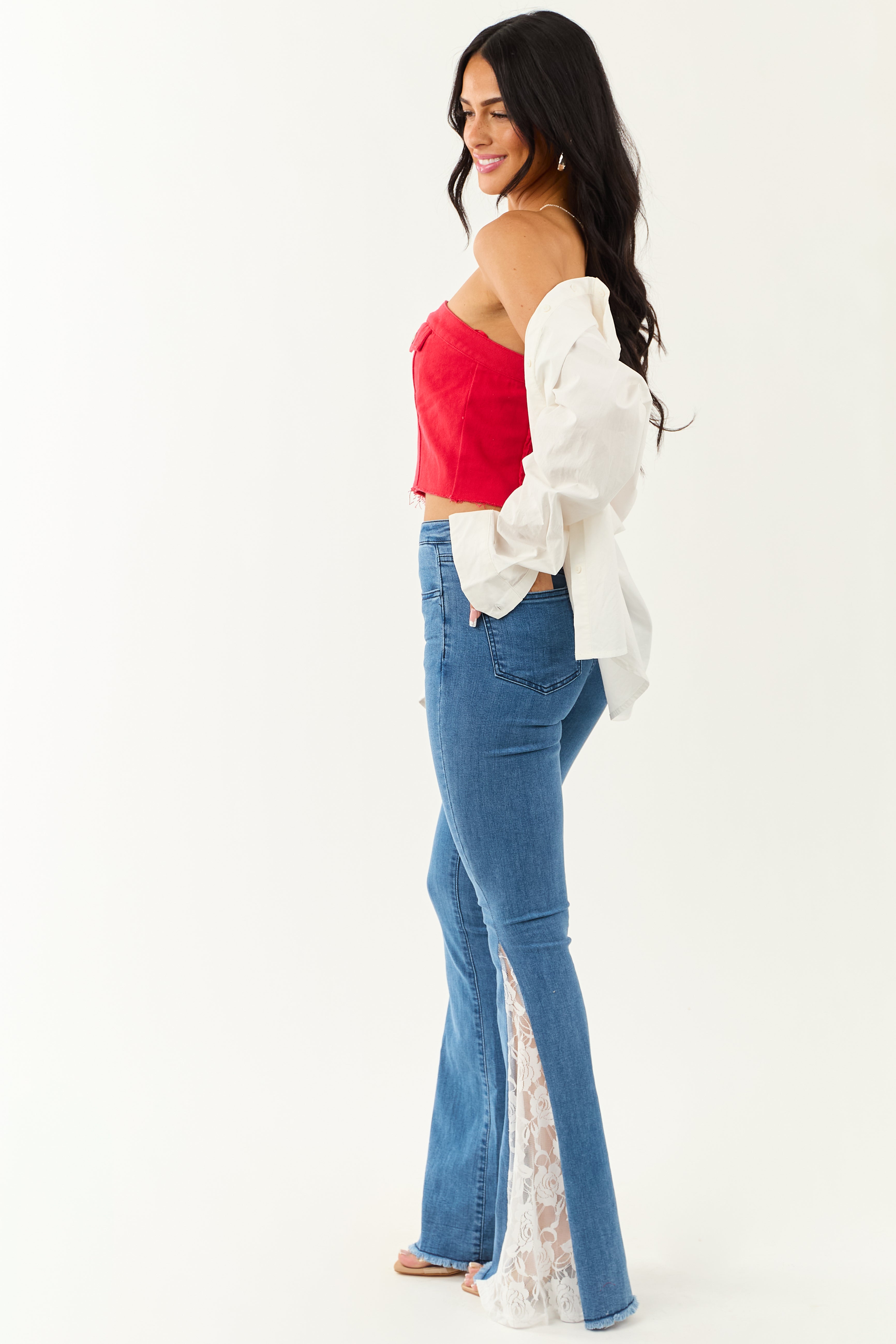 Medium Wash Lace Contrast Stretchy Flare Leg Jeans