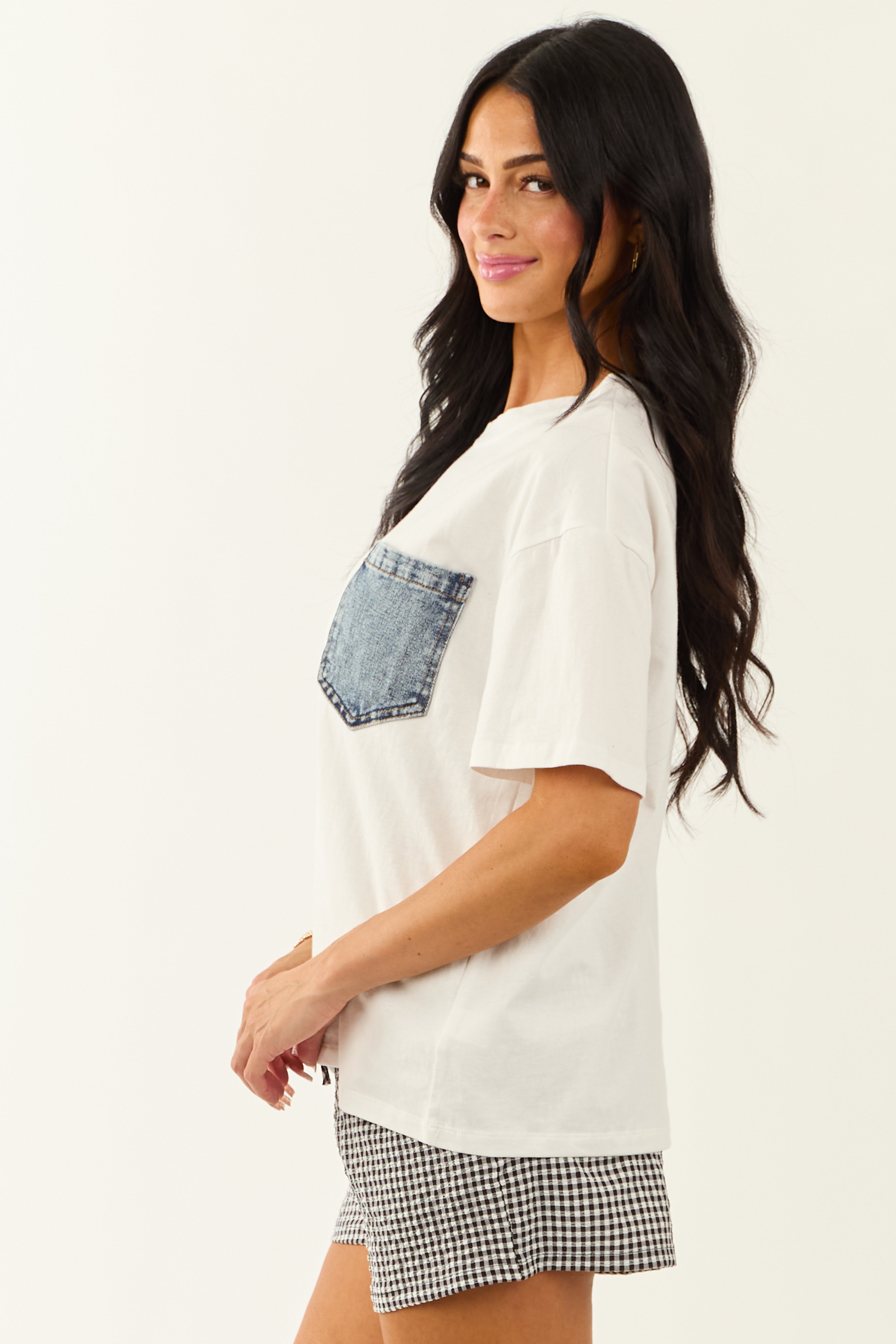 Off White Cotton Tee with Contrast Denim Pocket Off White Cotton Tee with Contrast Denim Pocket