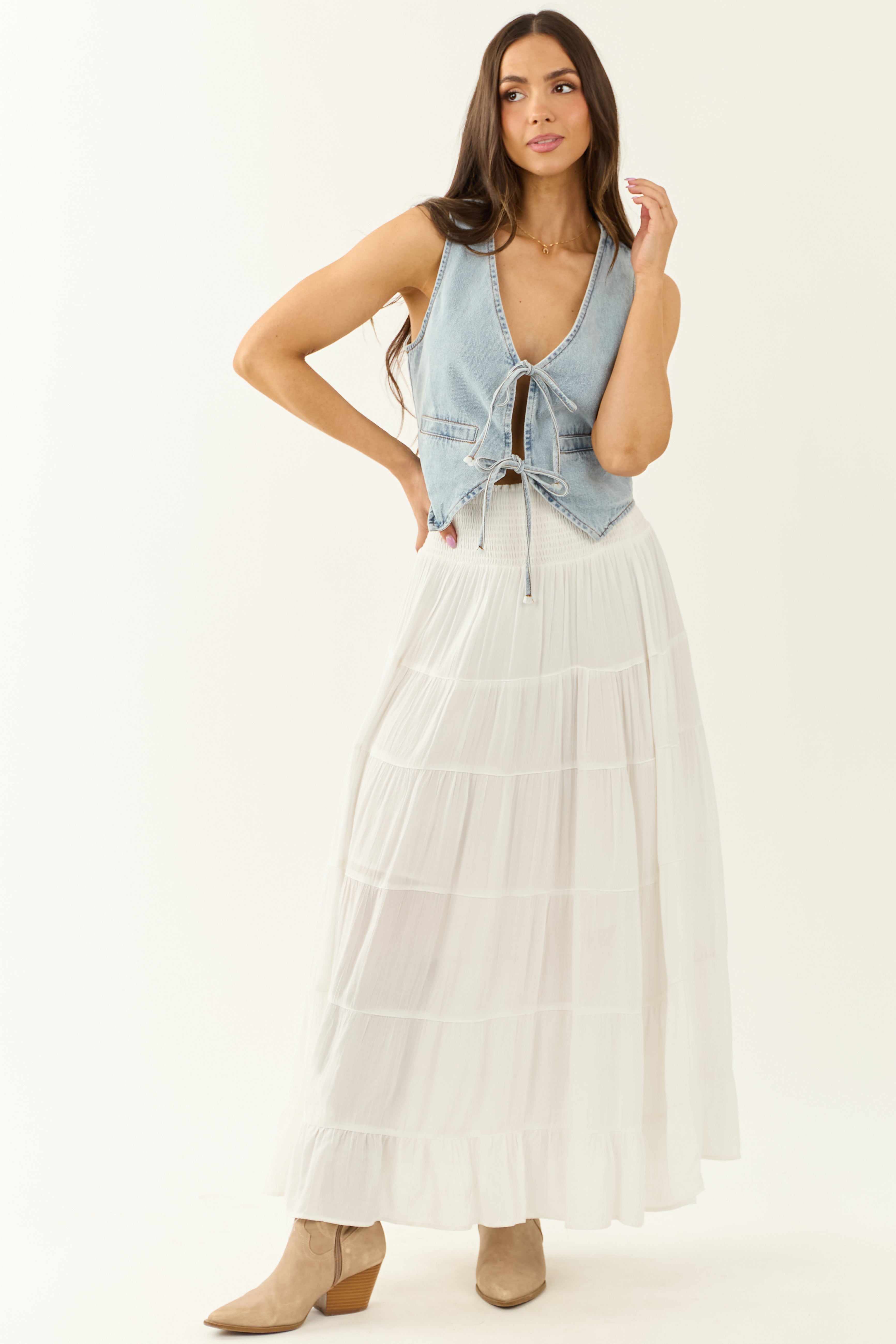 Light Wash Denim Double Front Tie Vest Light Wash Denim Double Front Tie Vest