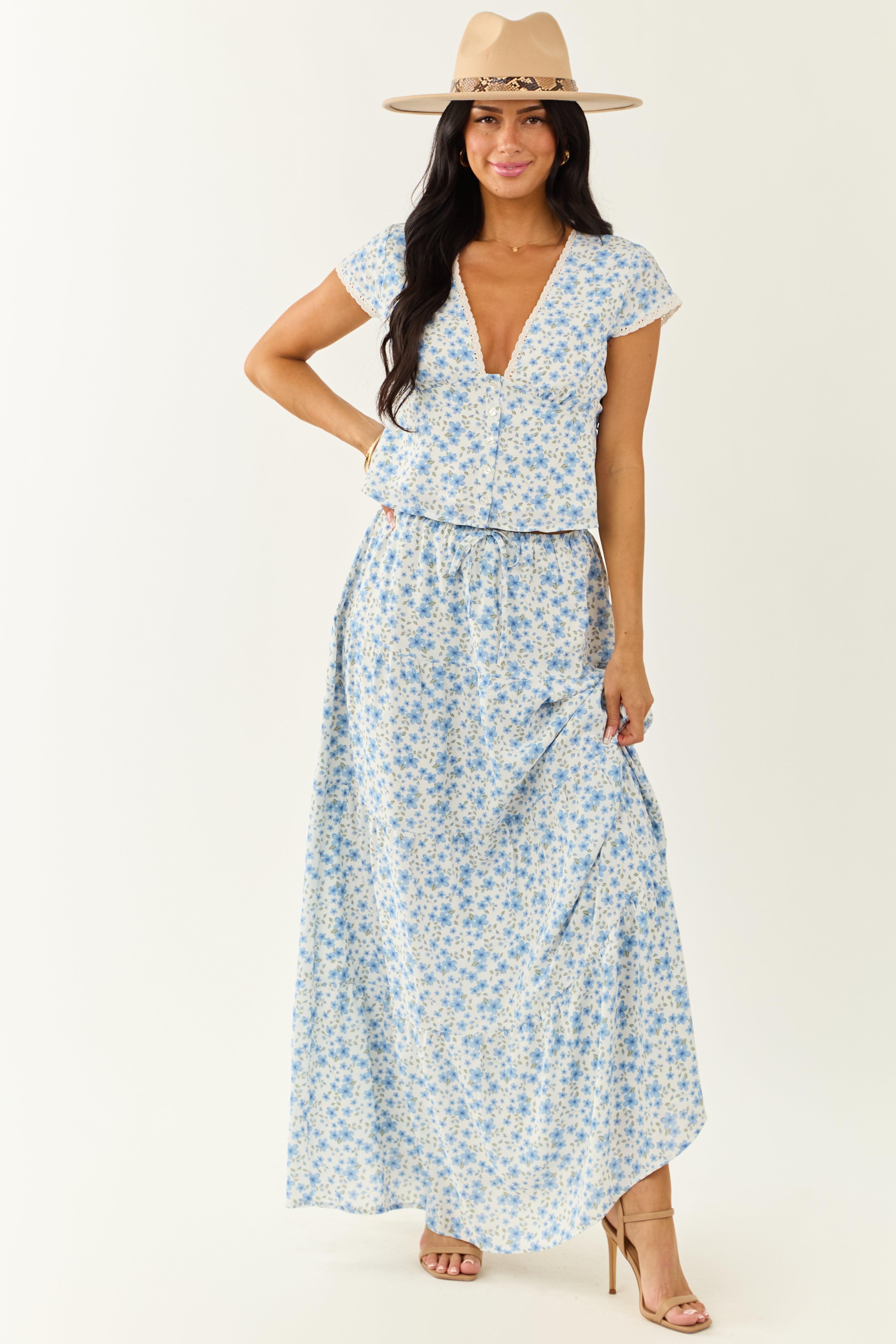 Ivory Floral Deep V Cap Sleeve Button Up Blouse Ivory Floral Deep V Cap Sleeve Button Up Blouse