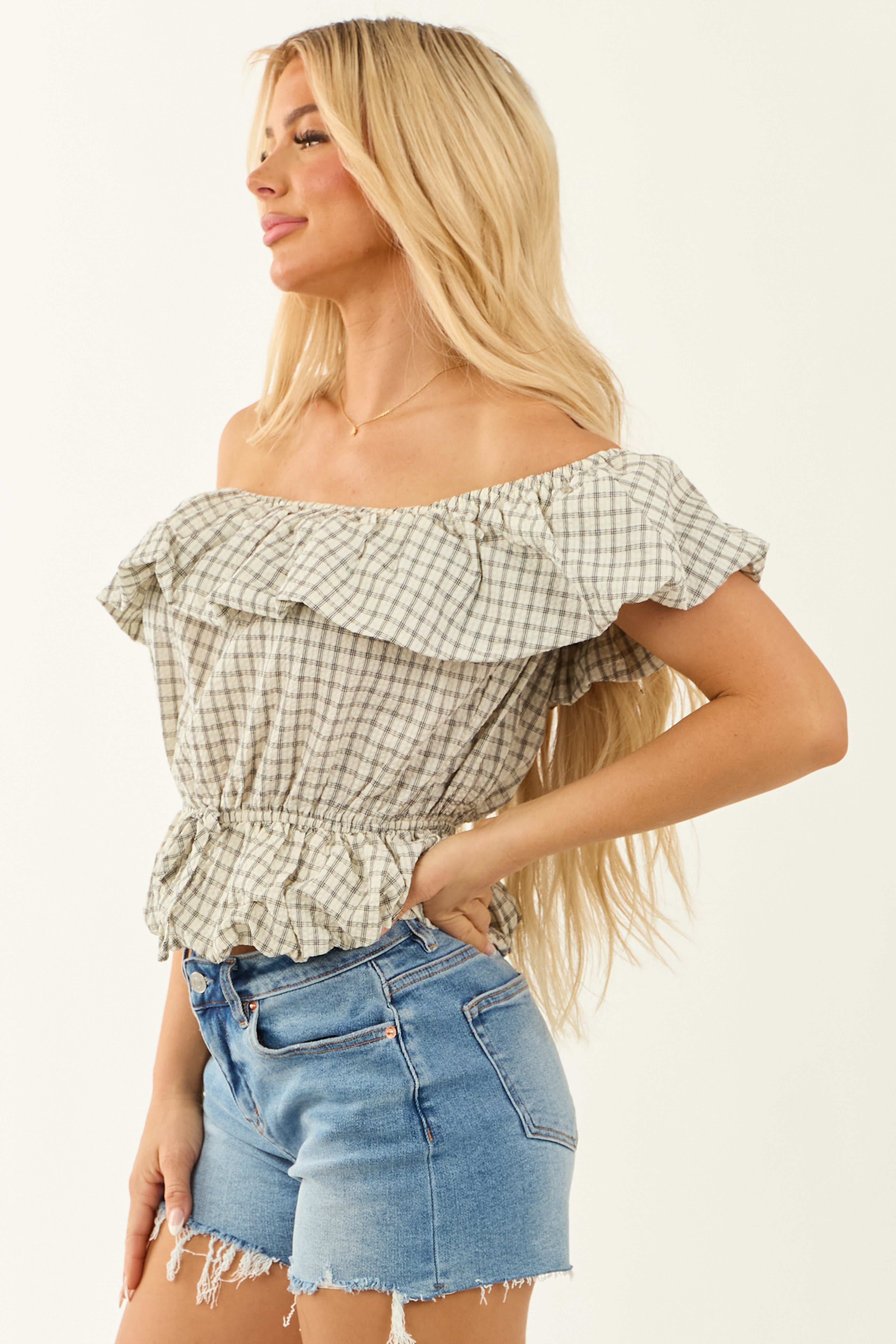 Cream Plaid Off Shoulder Peplum Bubble Hem Top