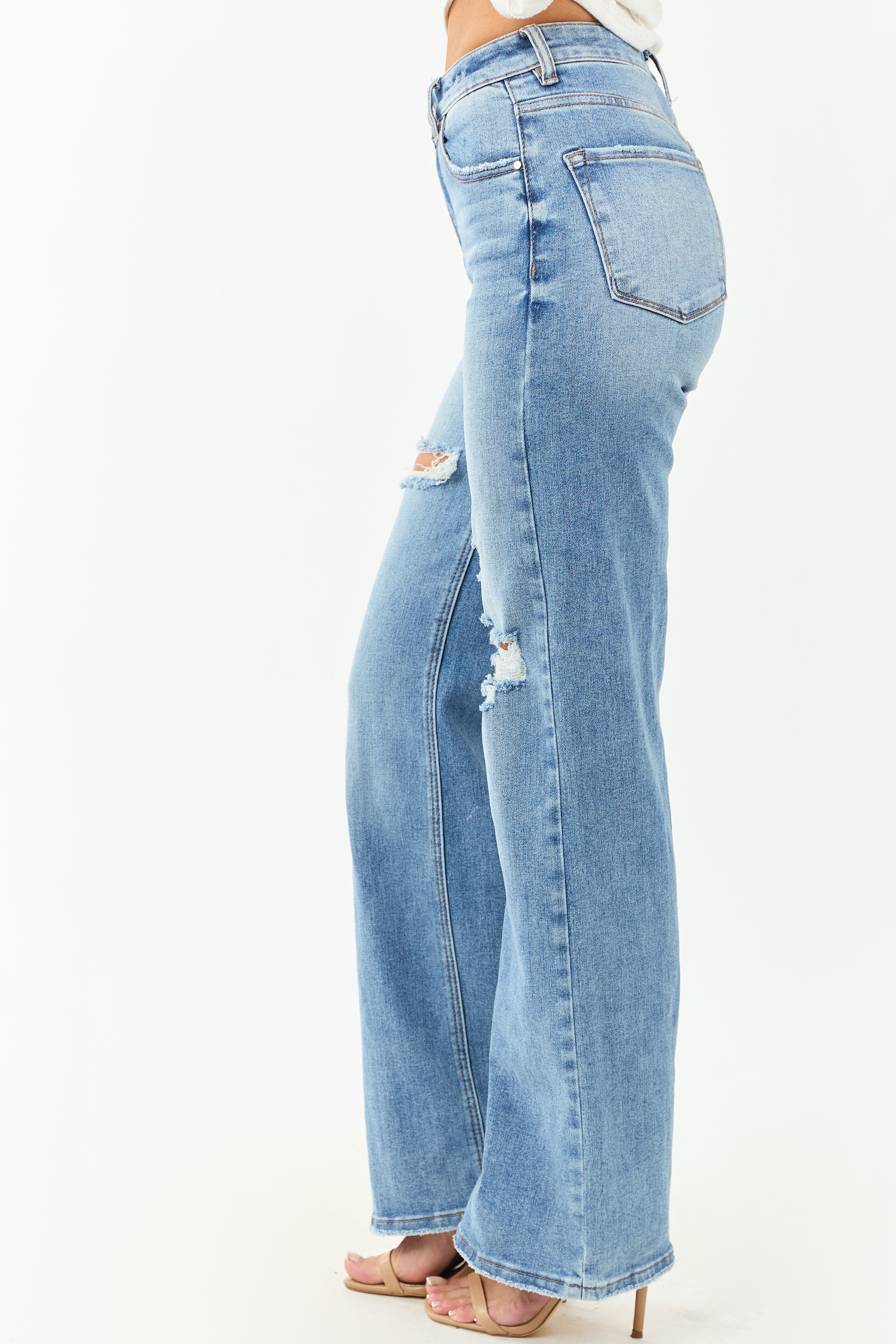 Risen Medium Wash Distressed Stretchy Wide Leg Jeans Risen Medium Wash Distressed Stretchy Wide Leg Jeans