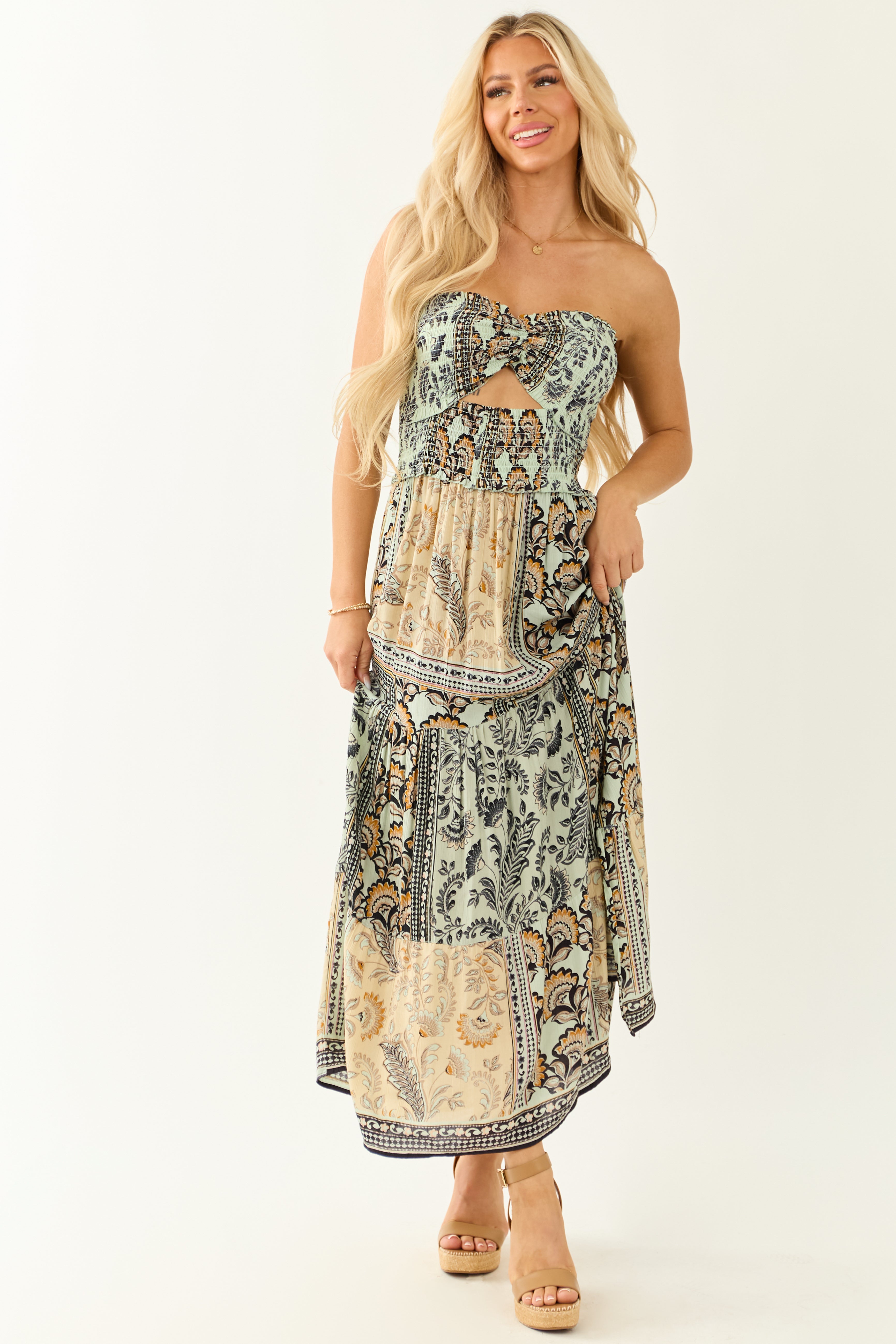 Almond Abstract Print Strapless Smocked Maxi Dress Almond Abstract Print Strapless Smocked Maxi Dress