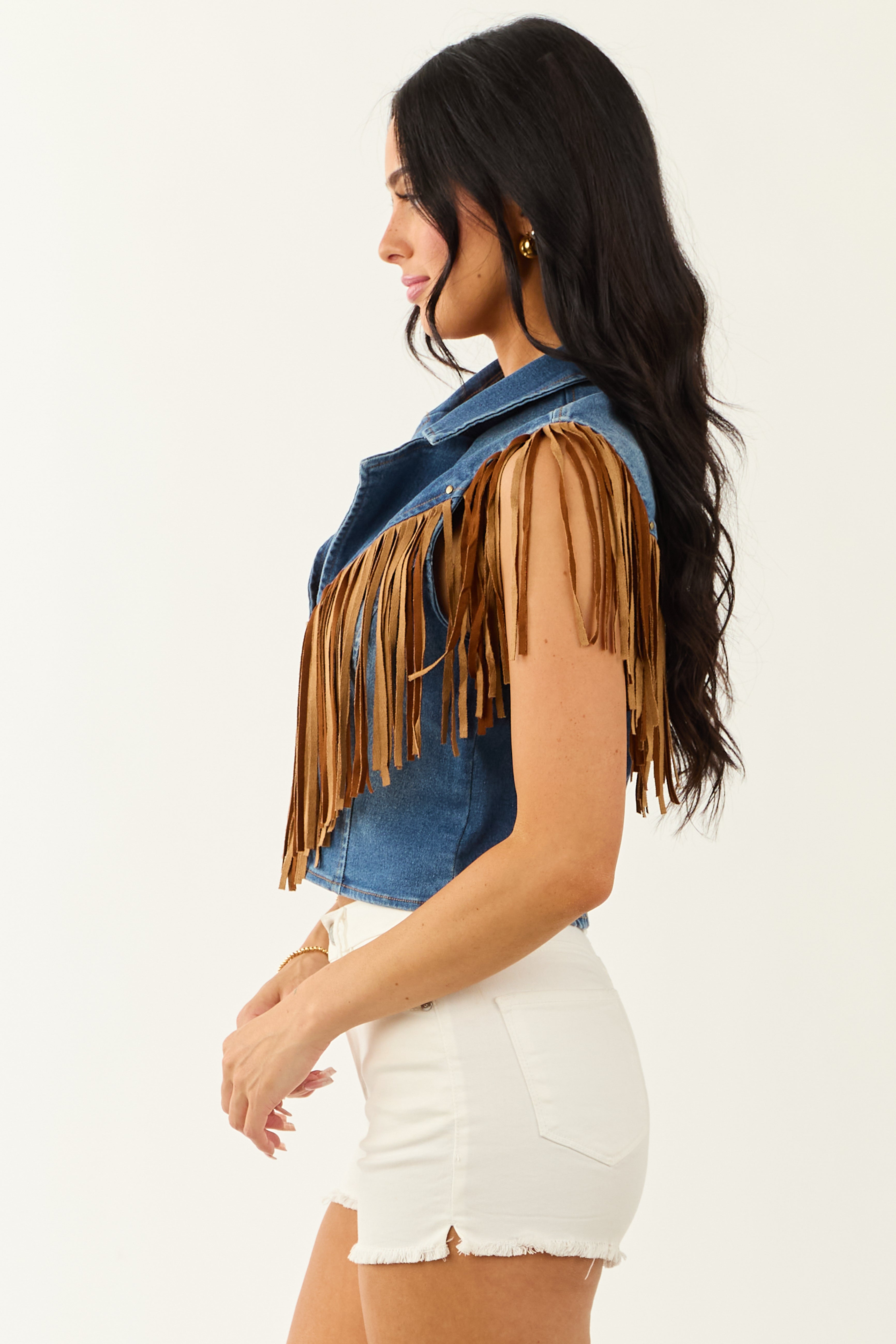 Medium Wash Stretchy Denim Fringe Zip Up Vest Medium Wash Stretchy Denim Fringe Zip Up Vest