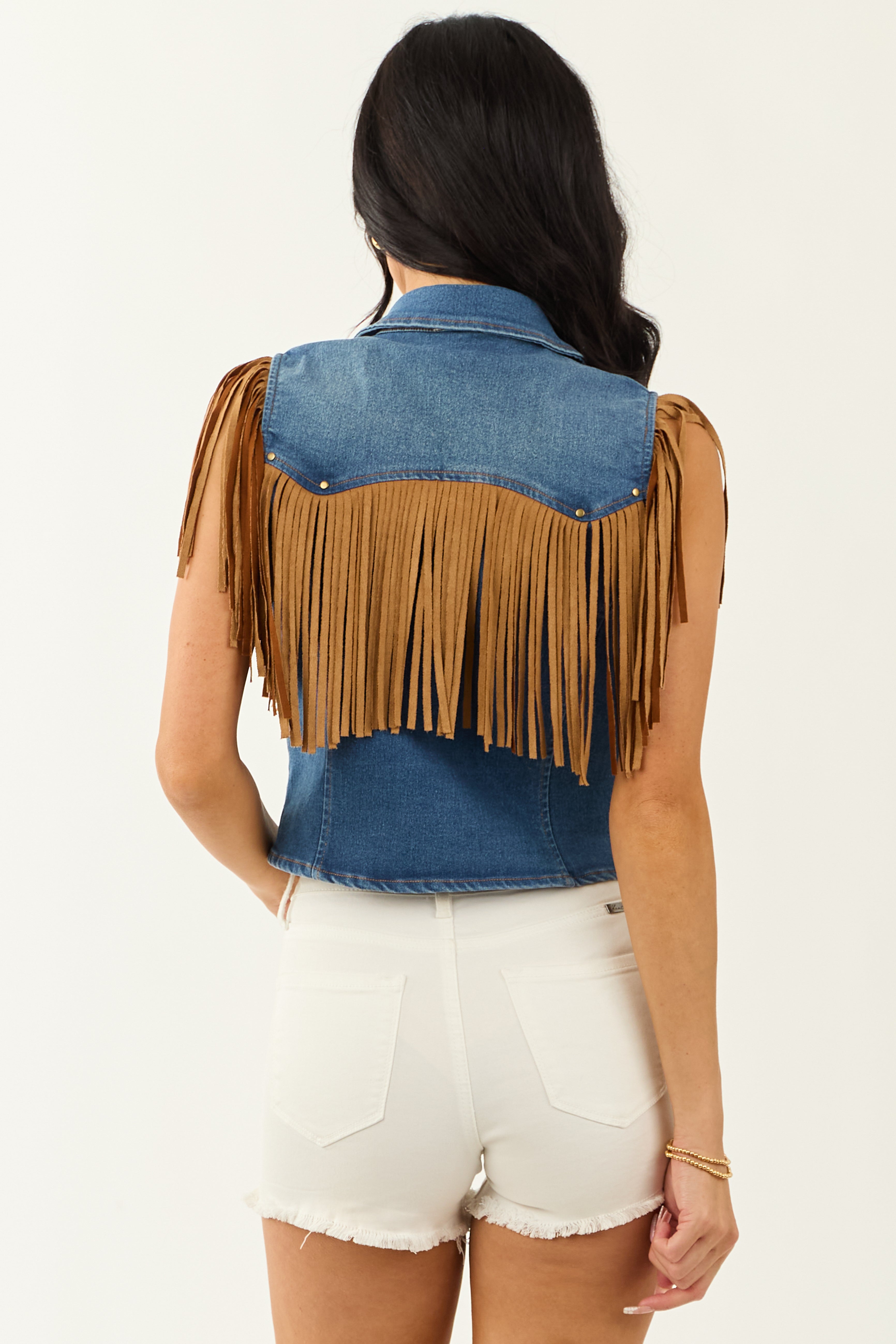 Medium Wash Stretchy Denim Fringe Zip Up Vest Medium Wash Stretchy Denim Fringe Zip Up Vest