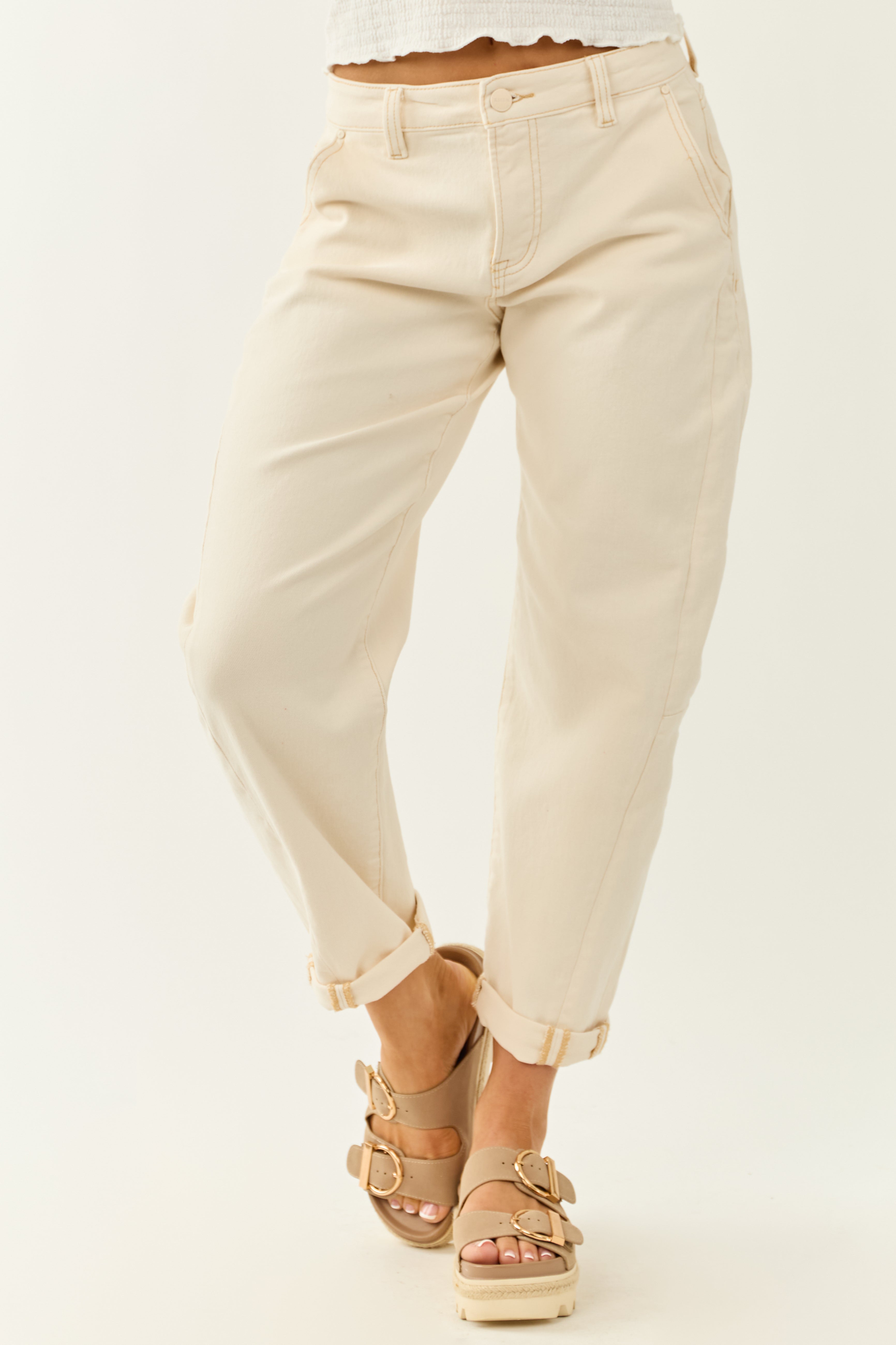 Risen Ivory High Rise Cuffed Stretchy Barrel Jeans Risen Ivory High Rise Cuffed Stretchy Barrel Jeans