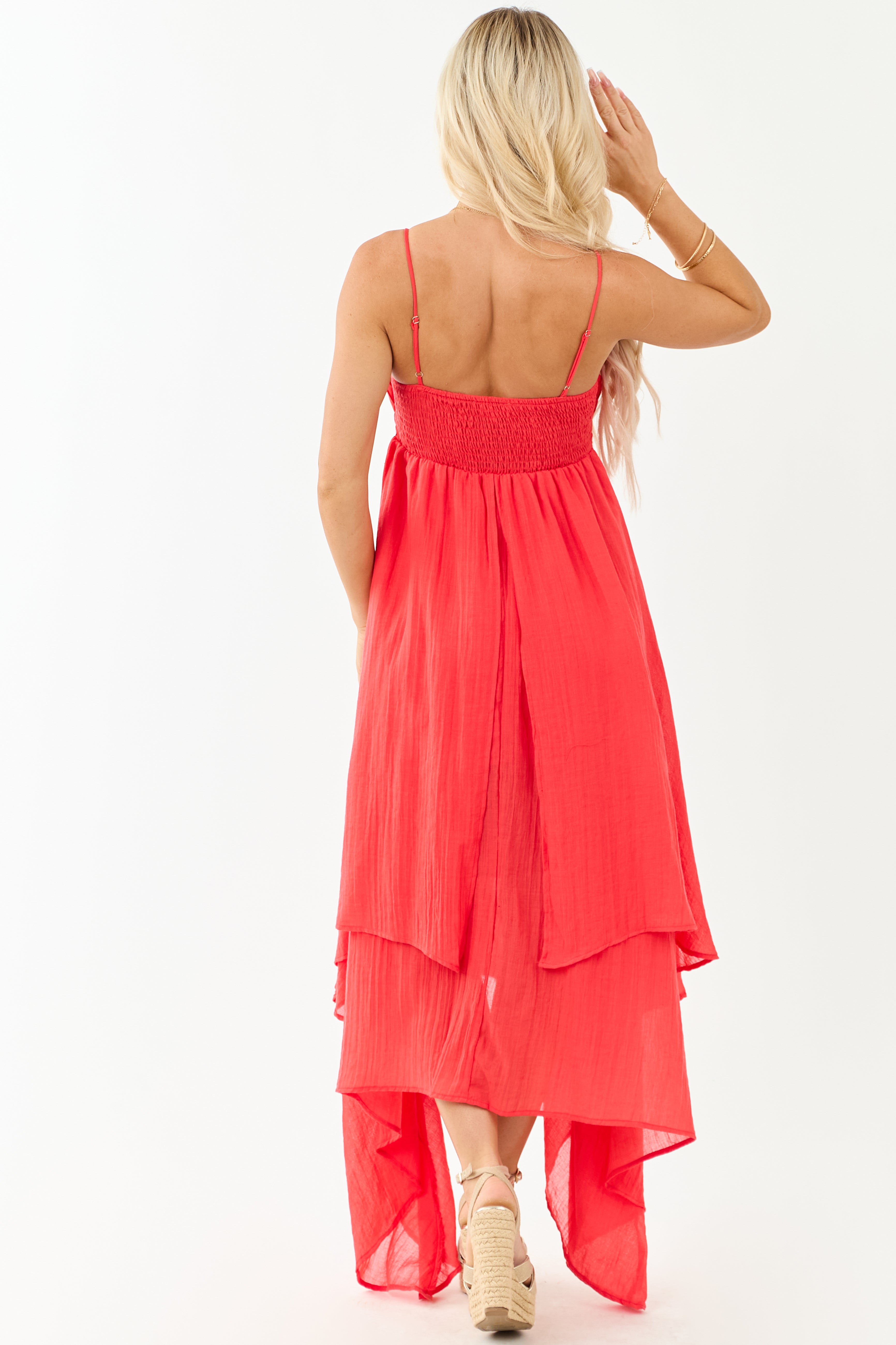 Red Layered Handkerchief Hem Maxi Dress