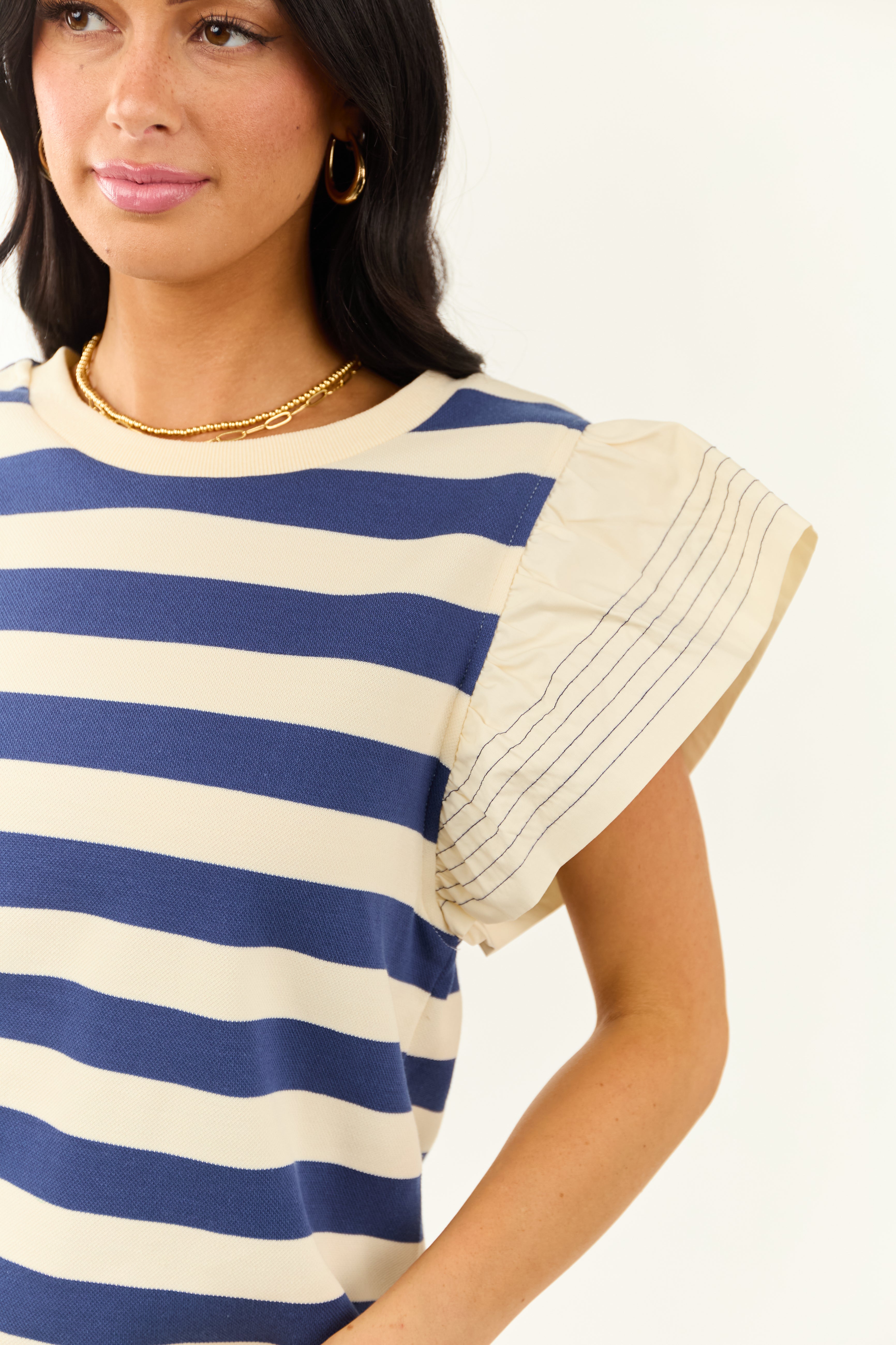 Navy and Cream Striped Ruffle Sleeve Top Navy and Cream Striped Ruffle Sleeve Top
